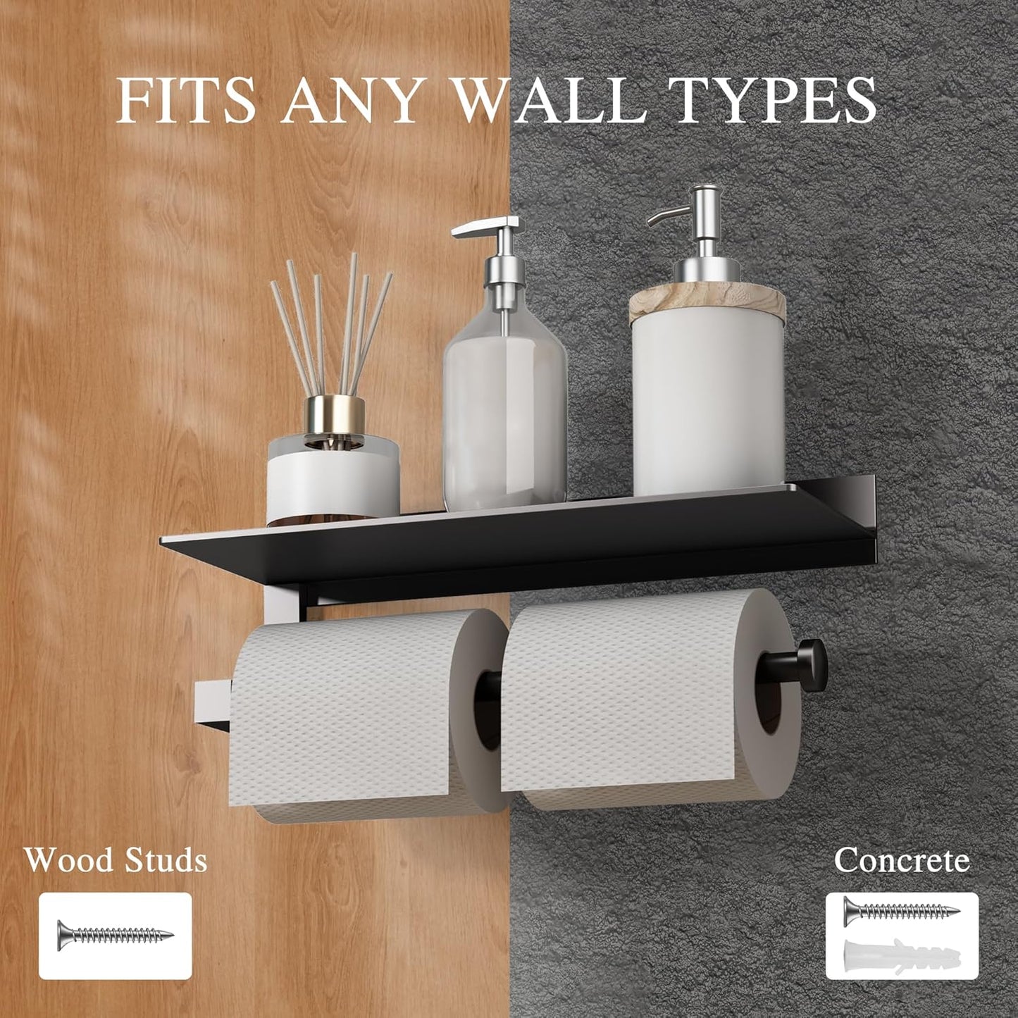 Wall Mounted Hand Towel Holder with Shelf for Bathroom and Kitchen - Black Paper Towel Rack