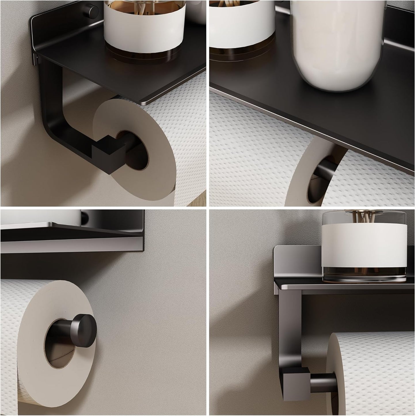 Wall Mounted Hand Towel Holder with Shelf for Bathroom and Kitchen - Black Paper Towel Rack