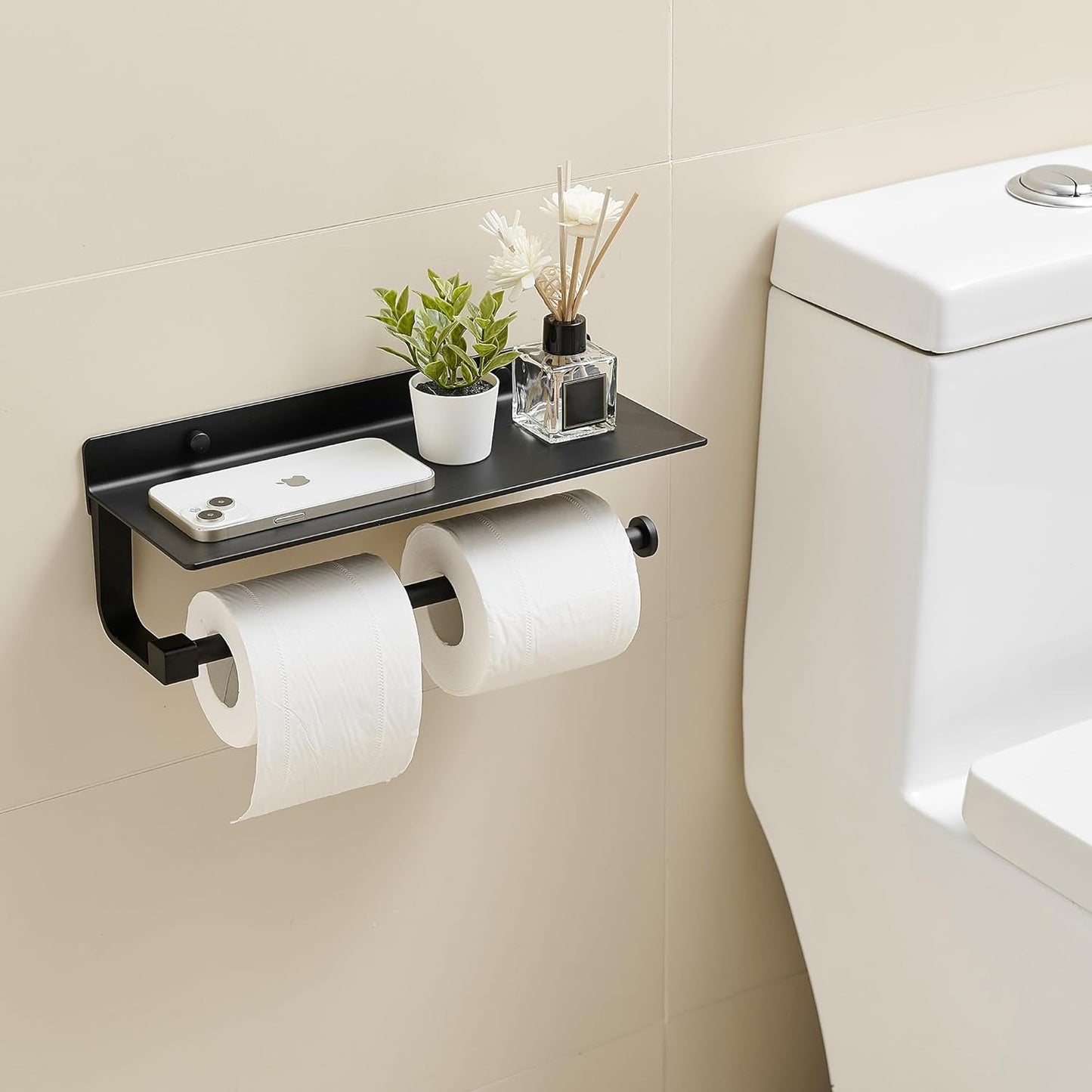 Wall Mounted Hand Towel Holder with Shelf for Bathroom and Kitchen - Black Paper Towel Rack