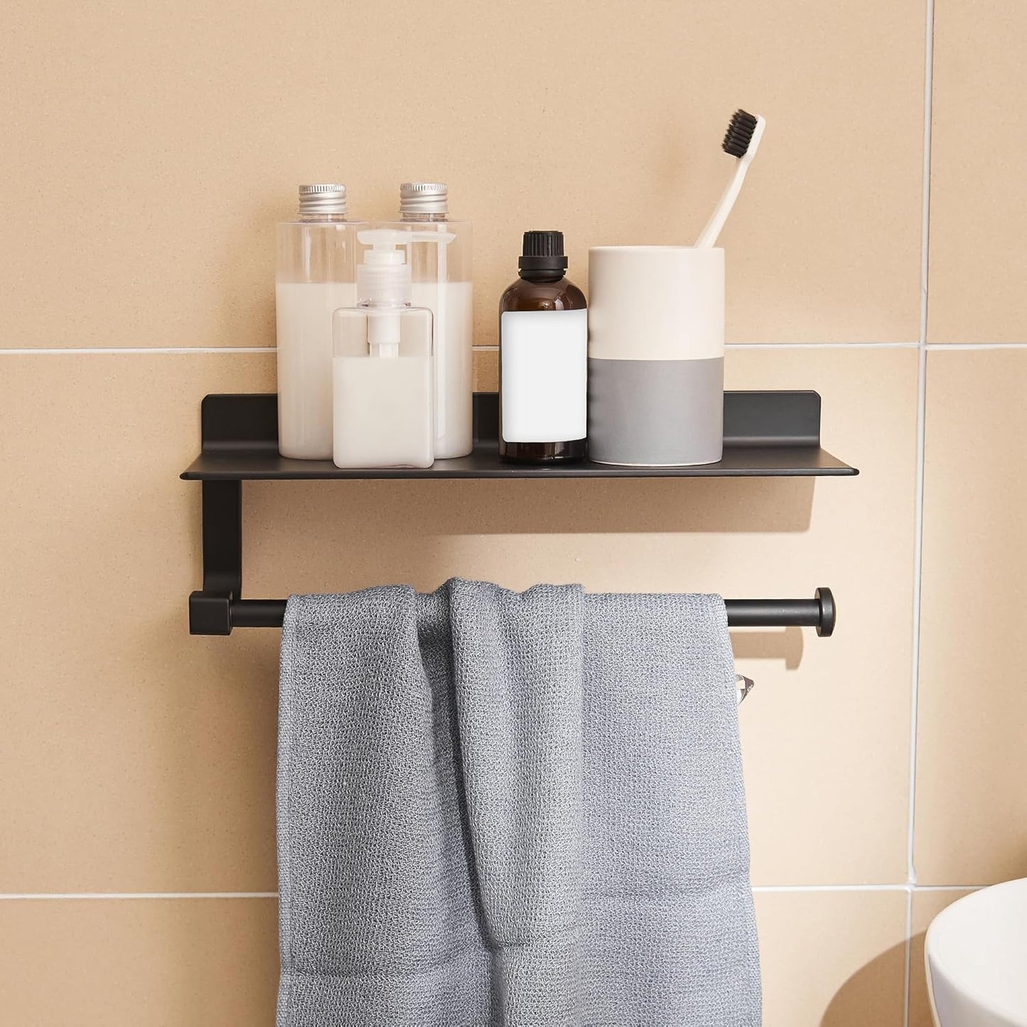 Wall Mounted Hand Towel Holder with Shelf for Bathroom and Kitchen - Black Paper Towel Rack
