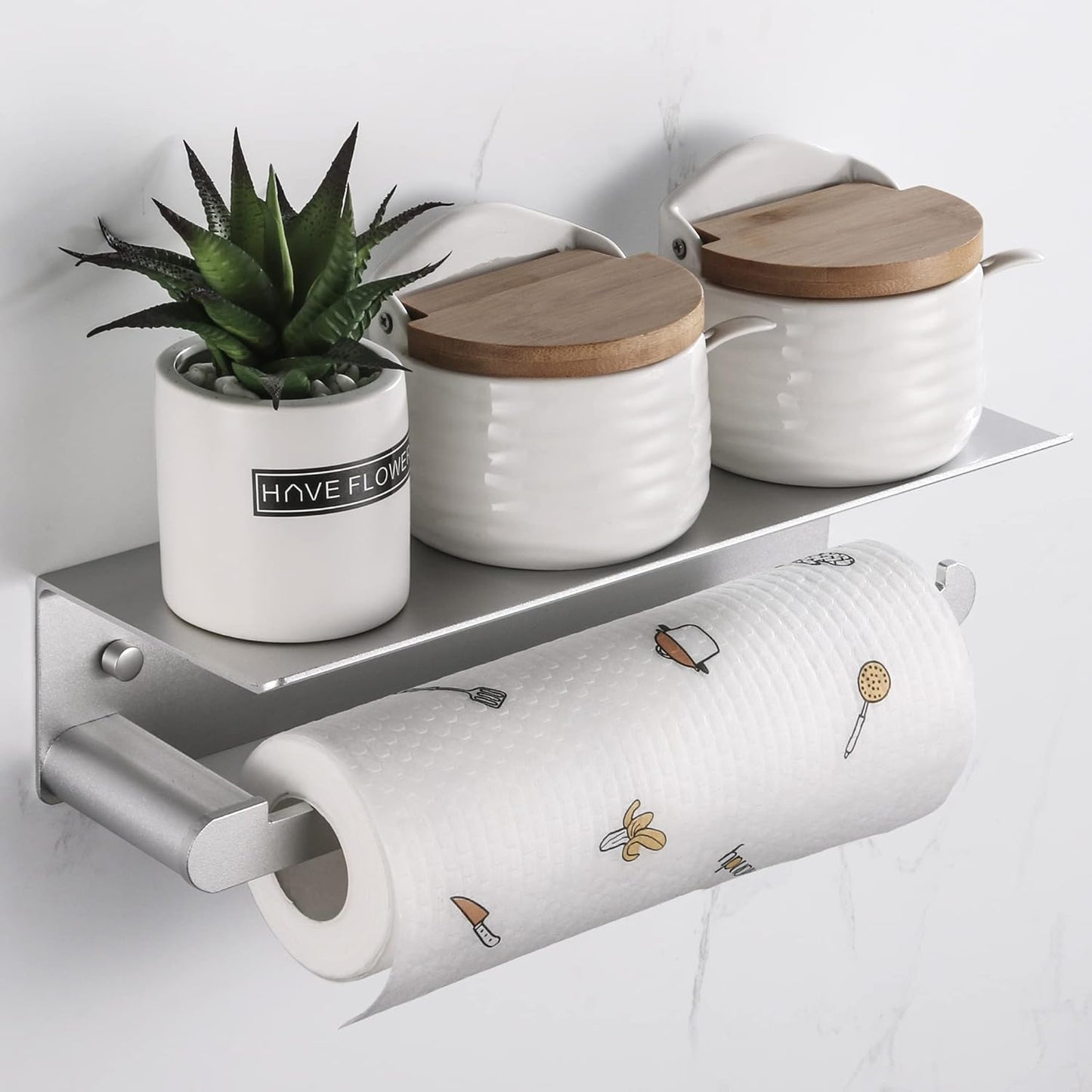 Wall-Mounted Paper Towel Holder with Shelf, Self-Adhesive Aluminum, Anti-Rust, No Drill, Bathroom or Kitchen Organizer (Silver)