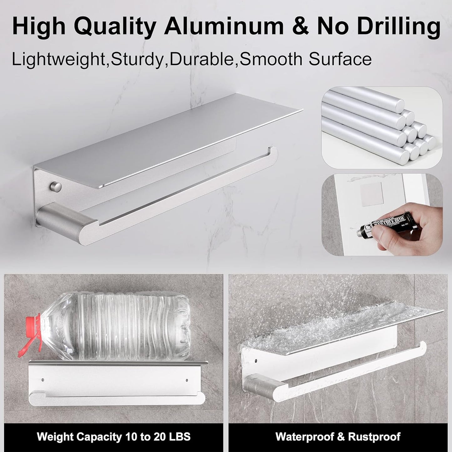 Wall-Mounted Paper Towel Holder with Shelf, Self-Adhesive Aluminum, Anti-Rust, No Drill, Bathroom or Kitchen Organizer (Silver)