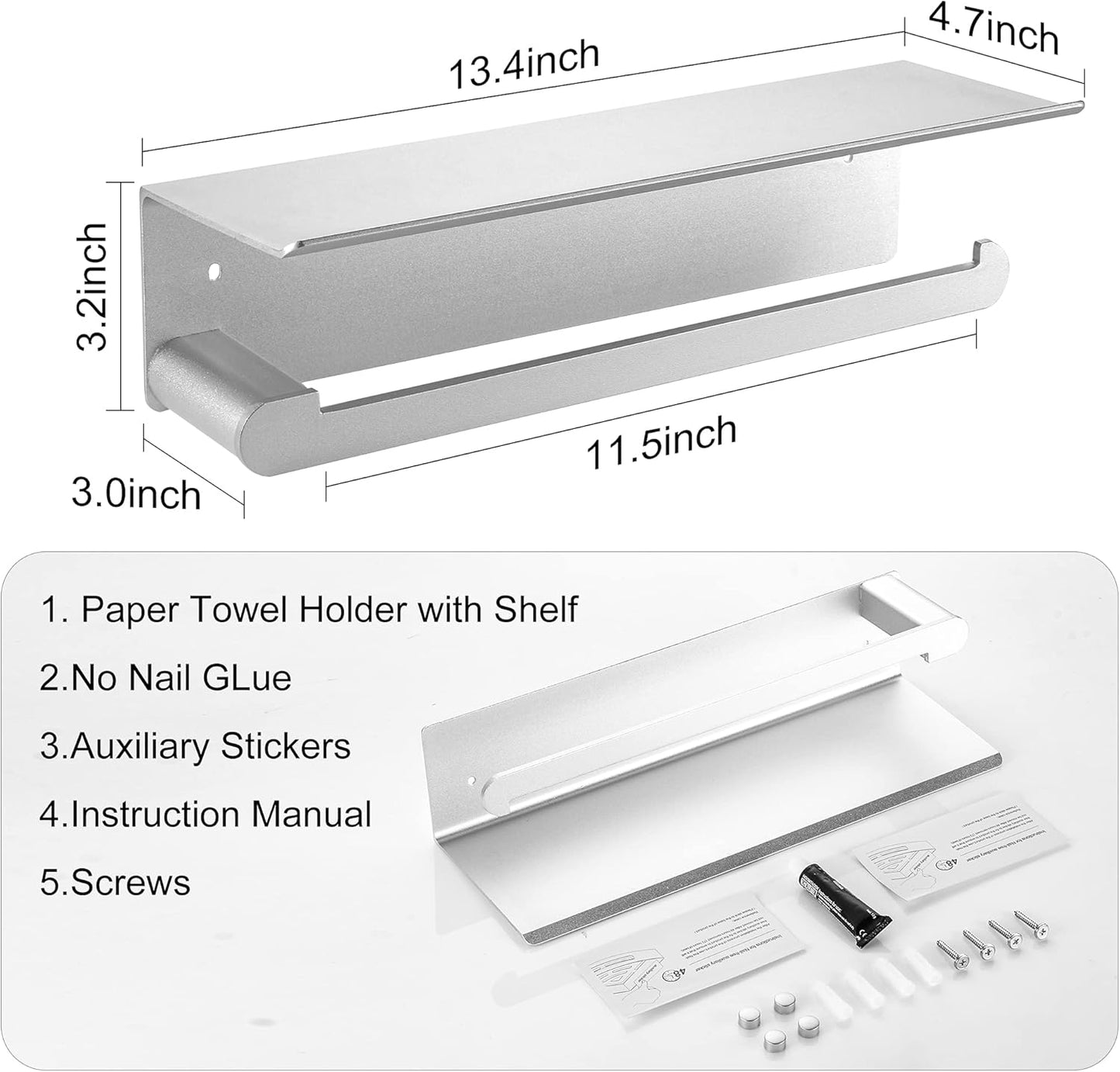 Wall-Mounted Paper Towel Holder with Shelf, Self-Adhesive Aluminum, Anti-Rust, No Drill, Bathroom or Kitchen Organizer (Silver)