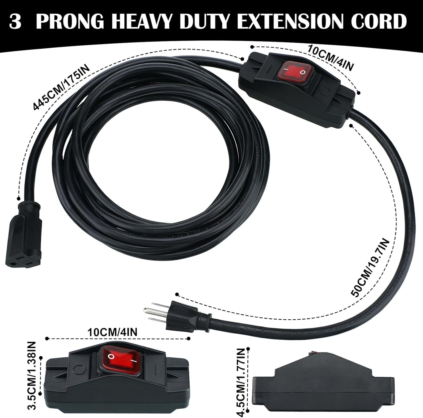 Waterproof 3 Prong Outdoor Extension Cord with On/Off Switch - 1875W Heavy Duty 14/3 SJT Cable, 15A 125V Grounded Outlets Plugs for Appliances - Black, 16.5 ft