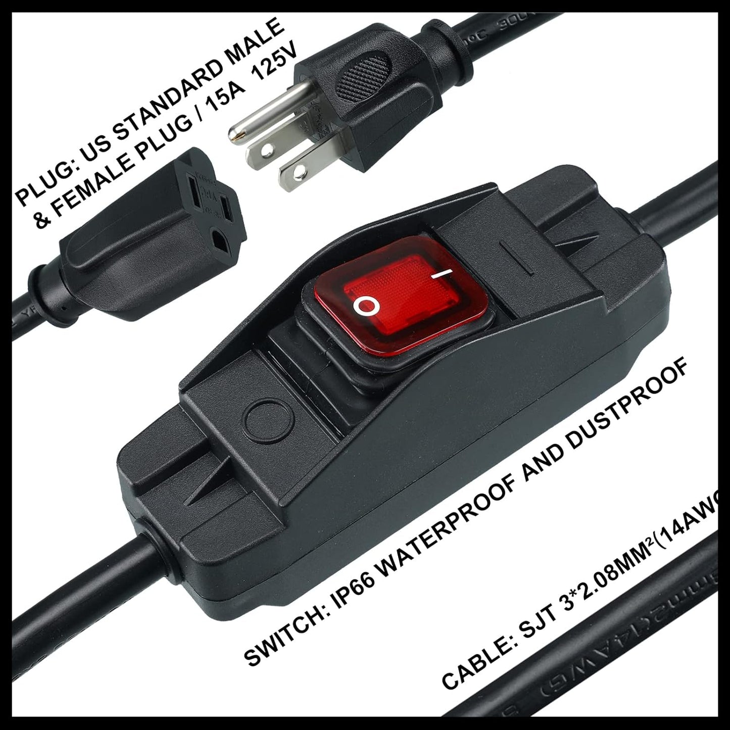 Waterproof 3 Prong Outdoor Extension Cord with On/Off Switch - 1875W Heavy Duty 14/3 SJT Cable, 15A 125V Grounded Outlets Plugs for Appliances - Black, 16.5 ft