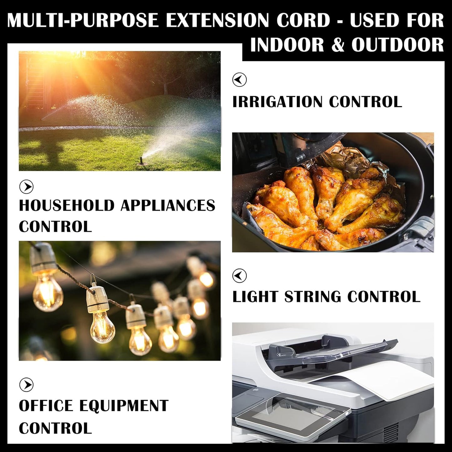 Waterproof 3 Prong Outdoor Extension Cord with On/Off Switch - 1875W Heavy Duty 14/3 SJT Cable, 15A 125V Grounded Outlets Plugs for Appliances - Black, 16.5 ft