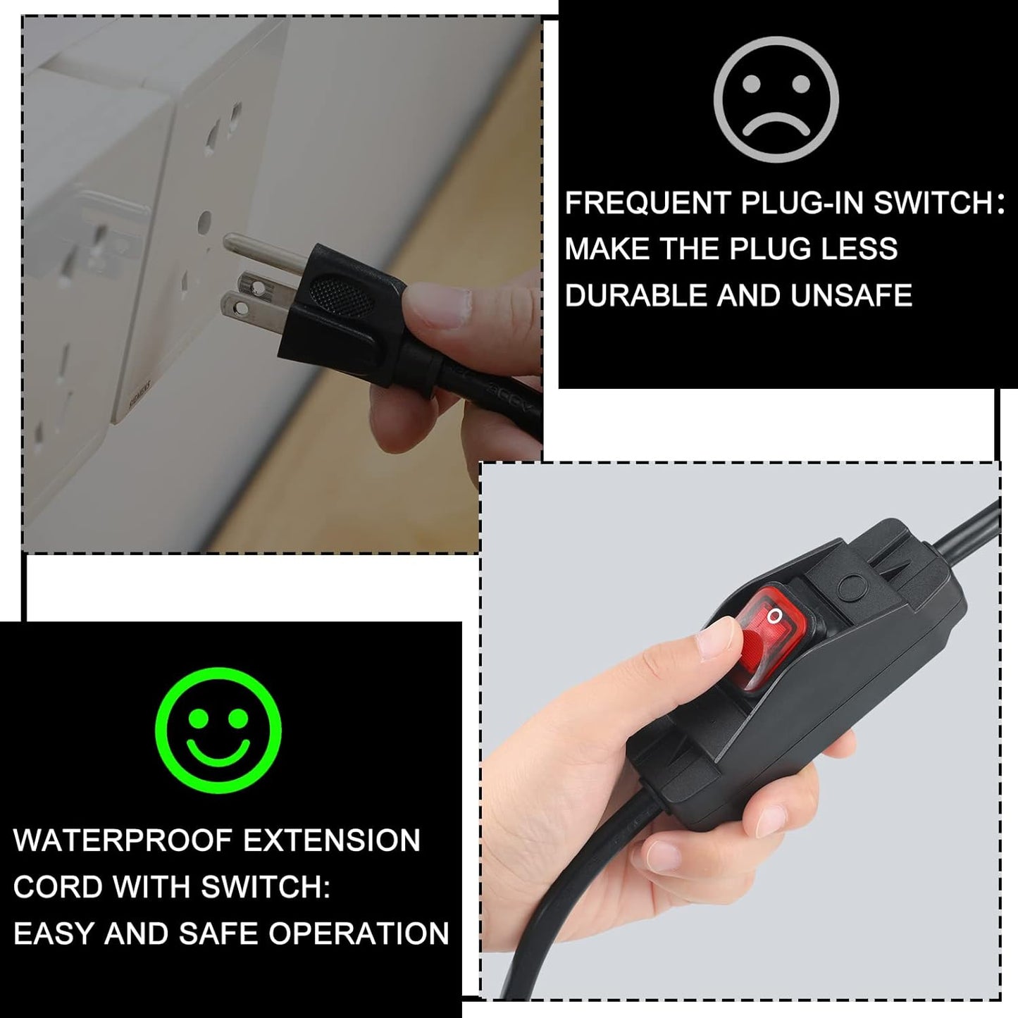 Waterproof 3 Prong Outdoor Extension Cord with On/Off Switch - 1875W Heavy Duty 14/3 SJT Cable, 15A 125V Grounded Outlets Plugs for Appliances - Black, 16.5 ft