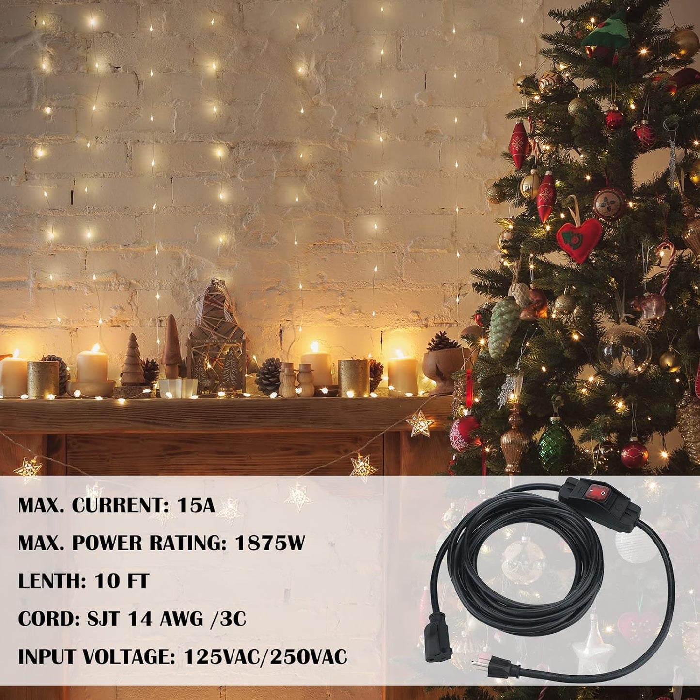 Waterproof 3 Prong Outdoor Extension Cord with On/Off Switch - 1875W Heavy Duty 14/3 SJT Cable, 15A 125V Grounded Outlets Plugs for Appliances - Black, 16.5 ft