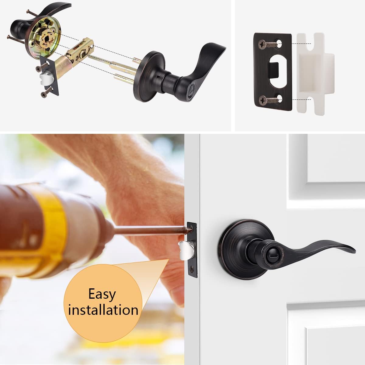Wave Style Privacy Door Lever in Oil Rubbed Bronze Finish - Interior Bed/Bath Handle with Keyless Lockset - Left/Right Handed - 1 Pack