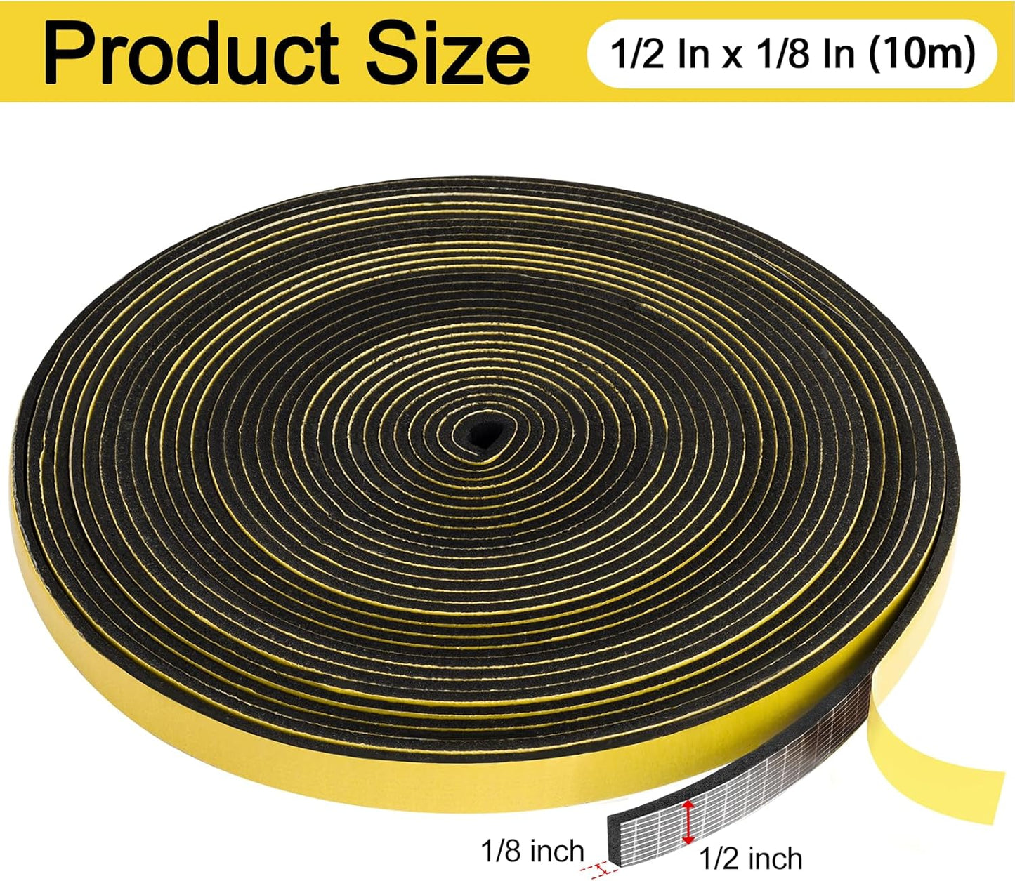 Weather Stripping Door Seal Strip - Black Foam Tape for Sliding Door, Front Door, Windows - 1/2" x 1/8" x 32.8Ft