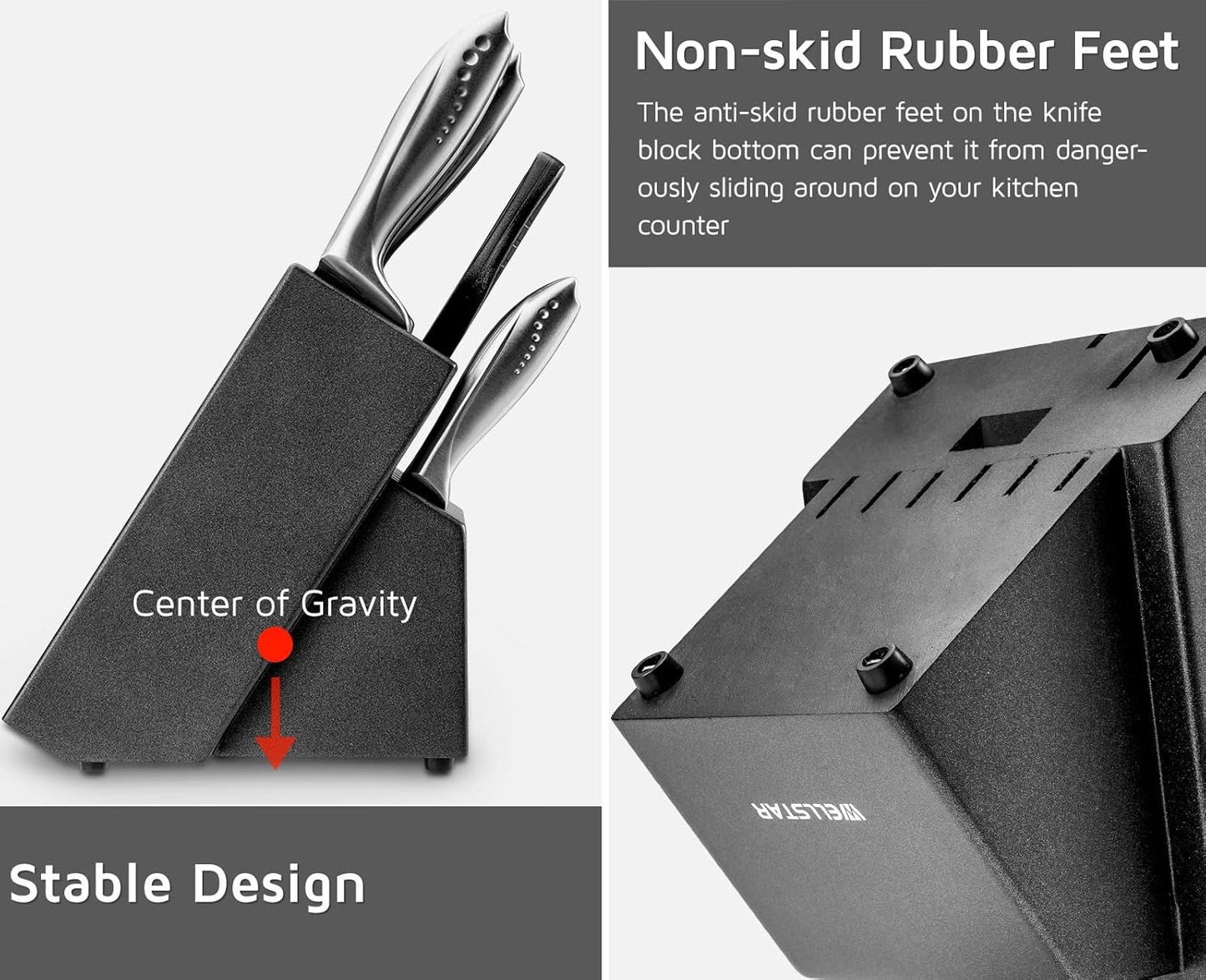 WELLSTAR 12 Slot Knife Block with Built-in Sharpener - Natural Wood Countertop Knife Holder (Black)