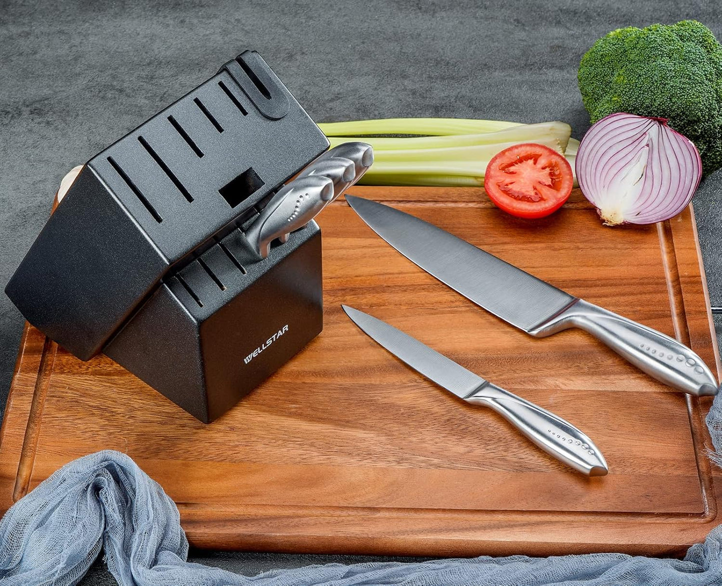 WELLSTAR 12 Slot Knife Block with Built-in Sharpener - Natural Wood Countertop Knife Holder (Black)