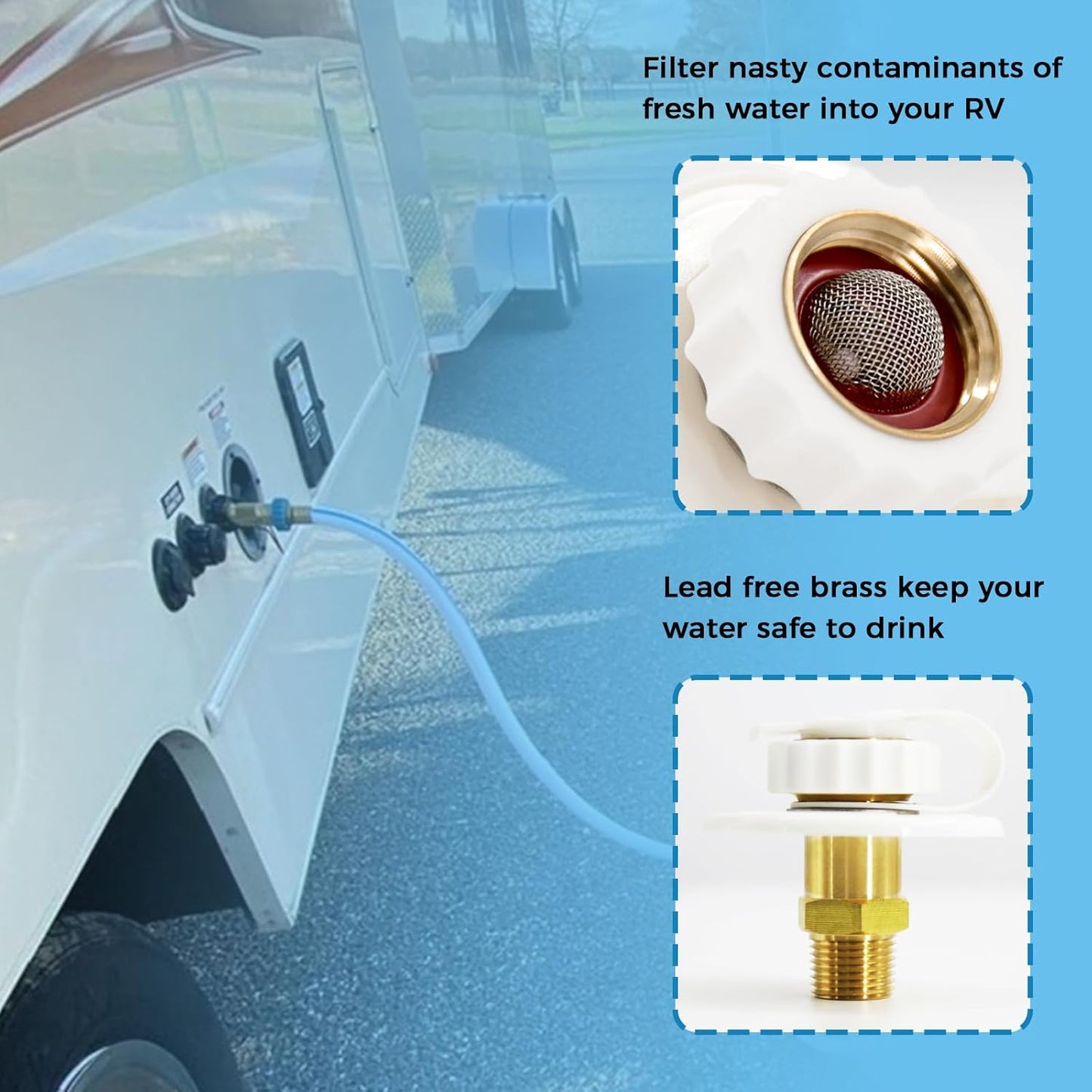 White RV Water Inlet Connection with Check Valve and Hose Connector - 1/2" NPT Male Flange for City Water Hookup in Camper