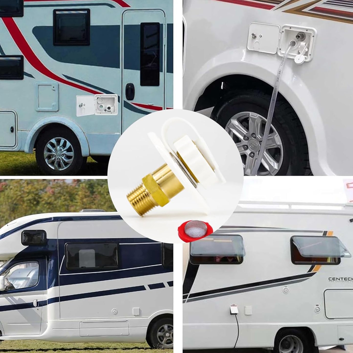 White RV Water Inlet Connection with Check Valve and Hose Connector - 1/2" NPT Male Flange for City Water Hookup in Camper