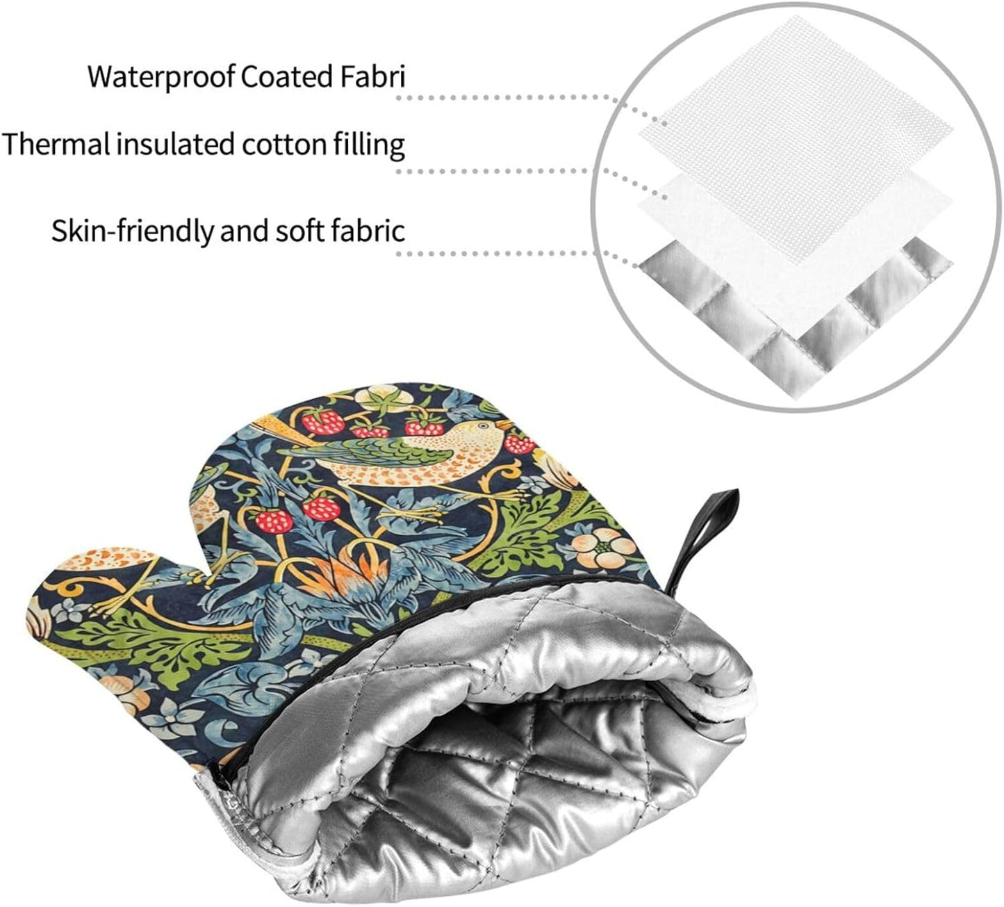 William Morris Strawberry Thief Floral Oven Mitts and Pot Holders Set - High Heat Resistant, Extra Thick Cotton Gloves for Cooking (4 Pieces)