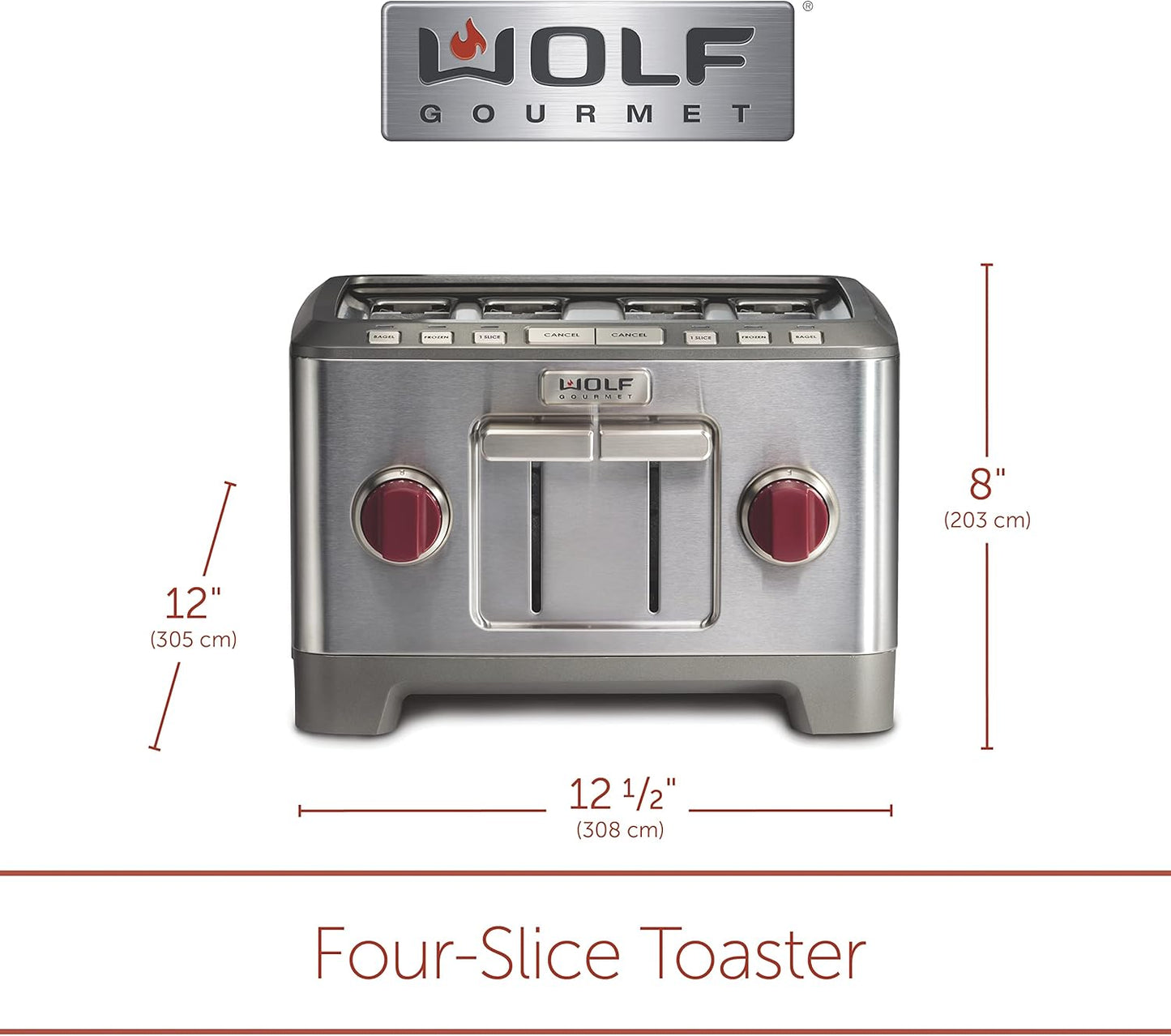 Wolf Gourmet 4-Slice Toaster with Shade Selector, Bagel & Defrost Settings, Stainless Steel - Red Knob