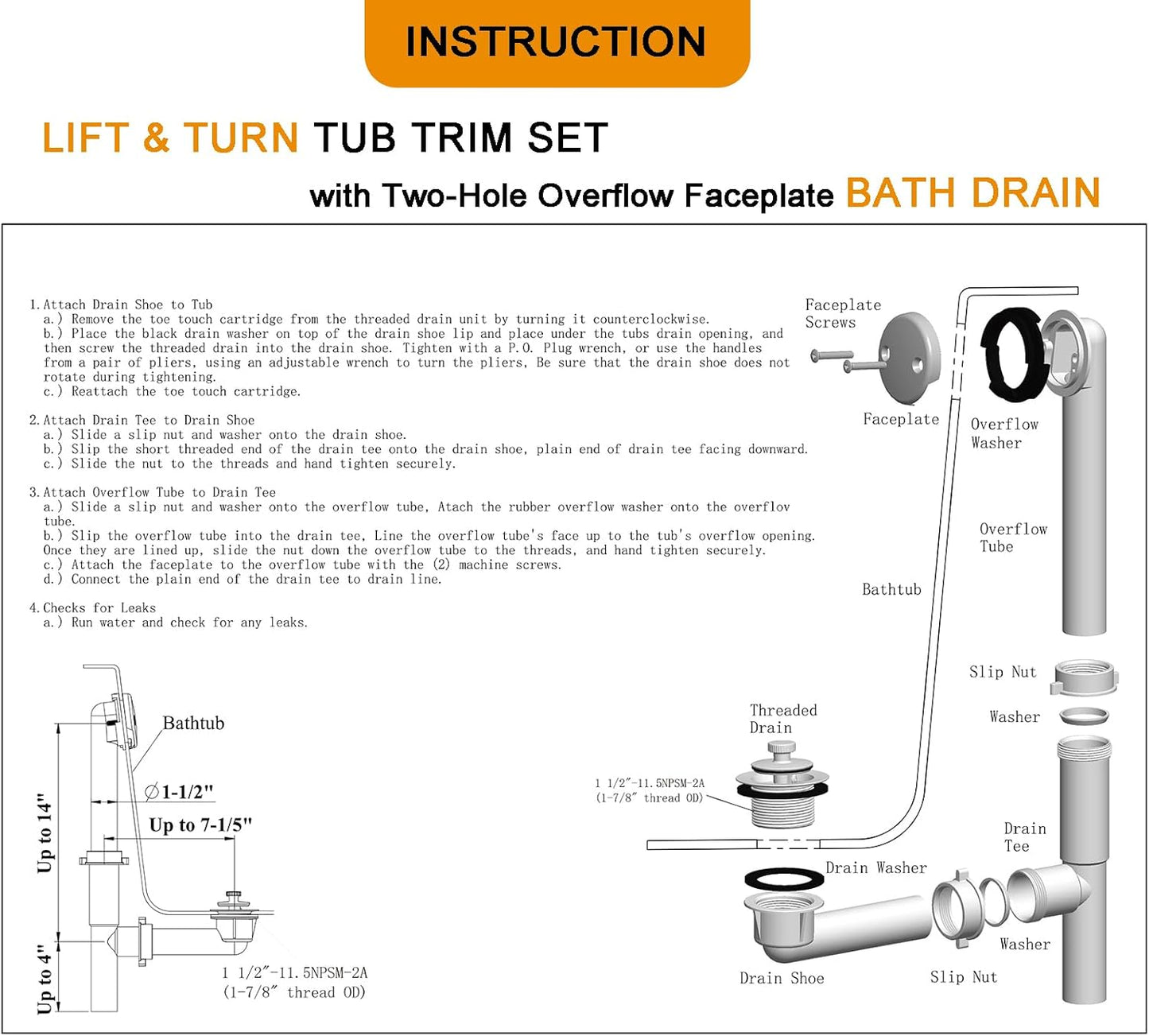 Yariwiz 1-1/2" Polished Chrome Bathtub Tub Drain Kit with Universal Lift & Turn Drain - Overflow Faceplate Included
