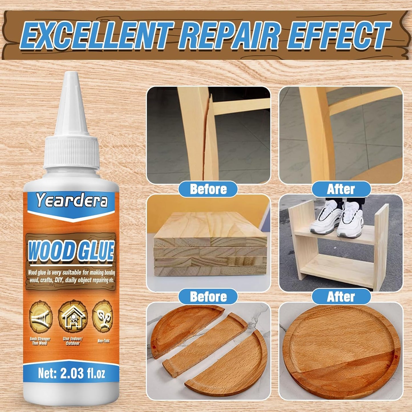 Yeardera Wood Glue - Waterproof Adhesive for Furniture, Crafts, Wood Floors, and Heavy-Duty Projects - 35.2oz