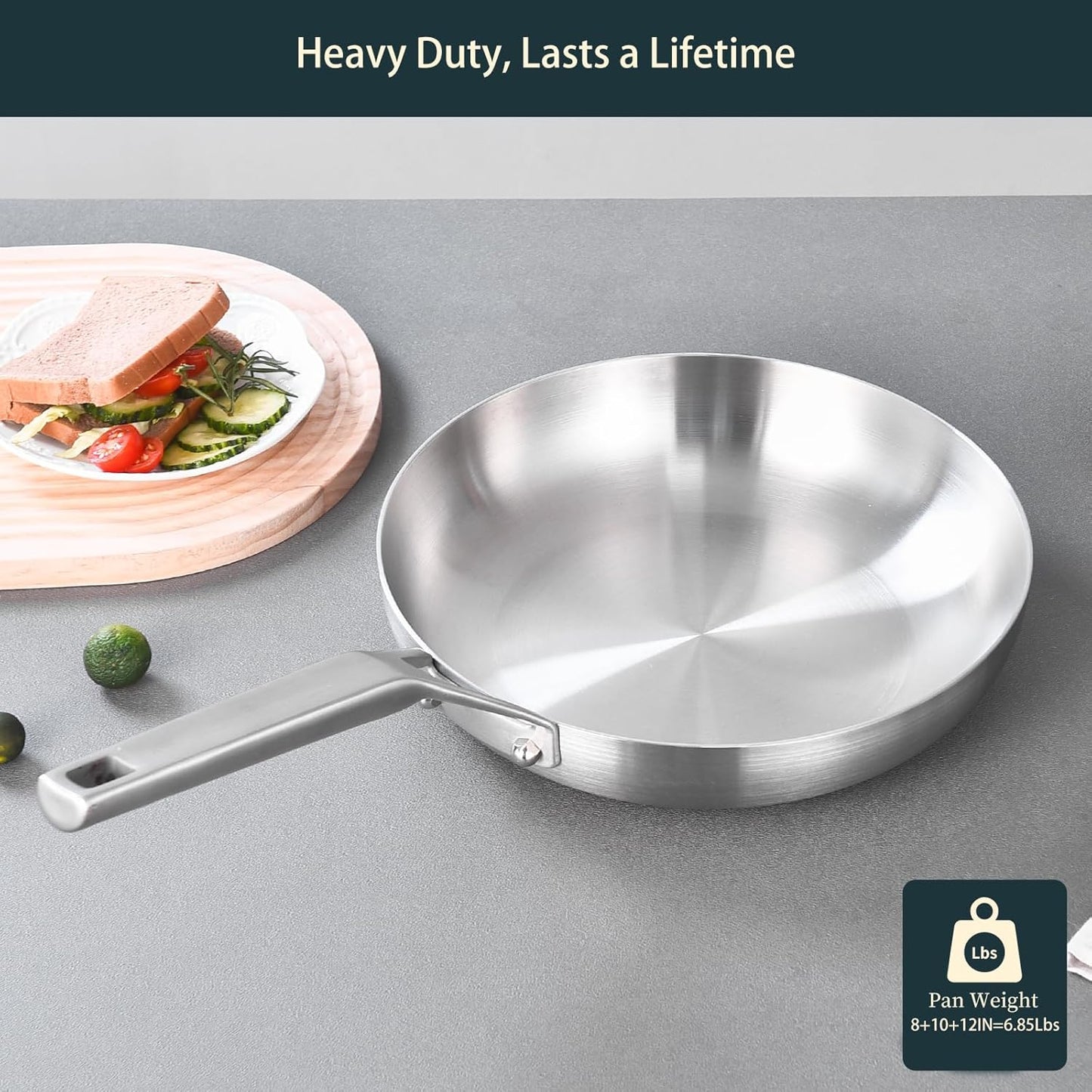 Yeksum Tri-Ply Stainless Steel Frying Pan Set, 8"+10"+12" Chef's Pan and Skillets - Induction Safe, Dishwasher and Oven Safe - Compatible with All Cooktops