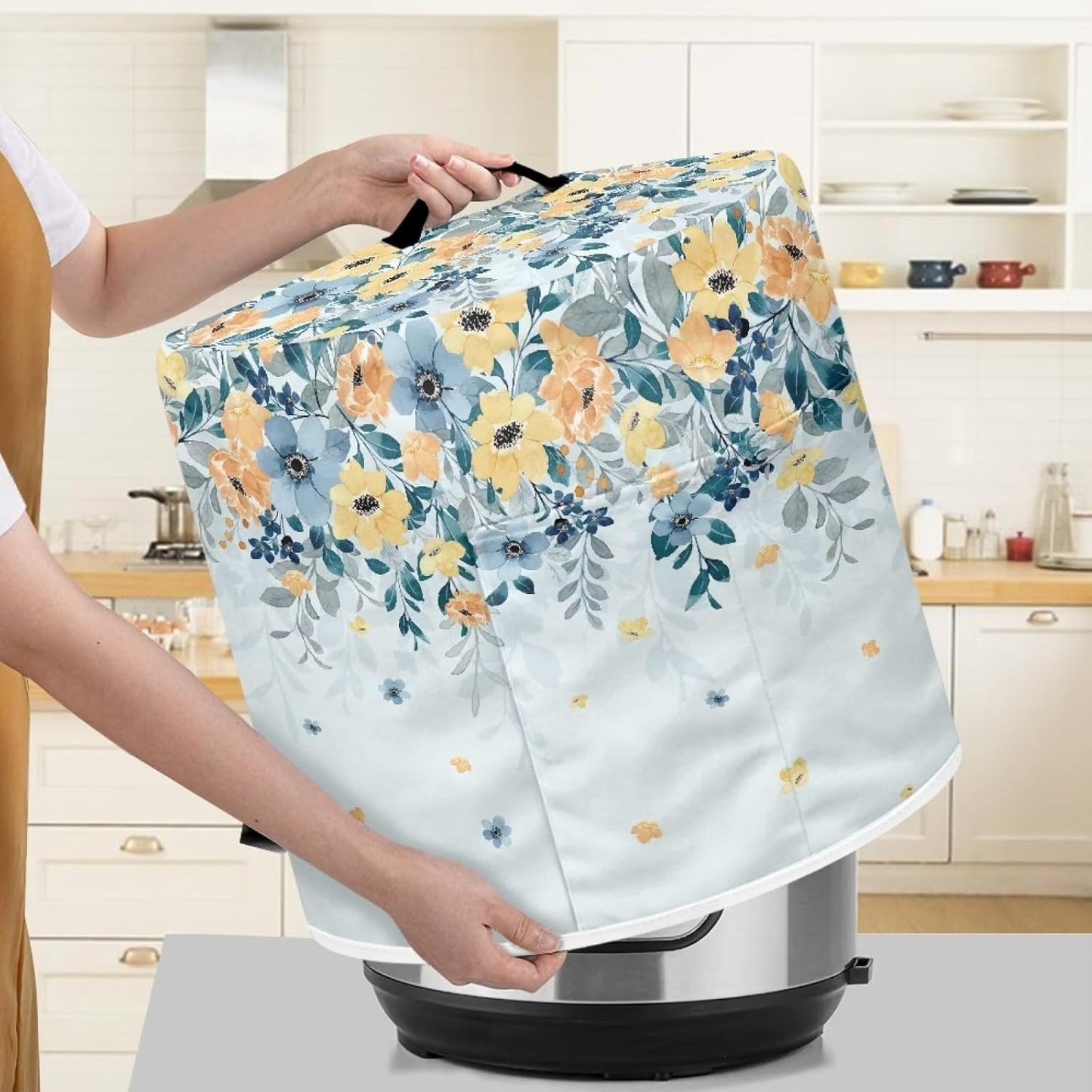 Yellow Blue Floral Air Fryer and Pressure Cooker Dust Cover for 3 Qt Instant Pot Crock Pot - Women's Ideal Kitchen Appliance Gift