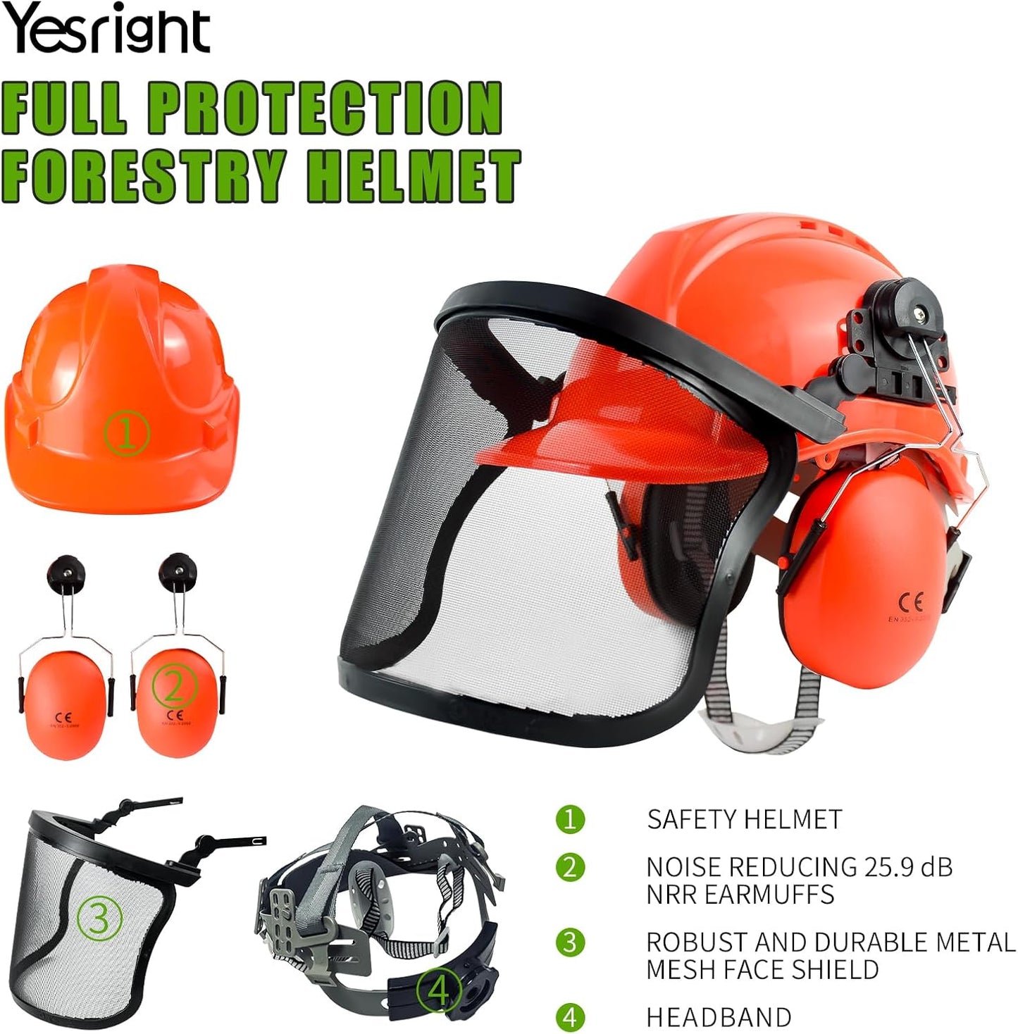 YesRight Forestry Safety Helmet with Chainsaw Face and Ear Protection for Landscaping and Construction
