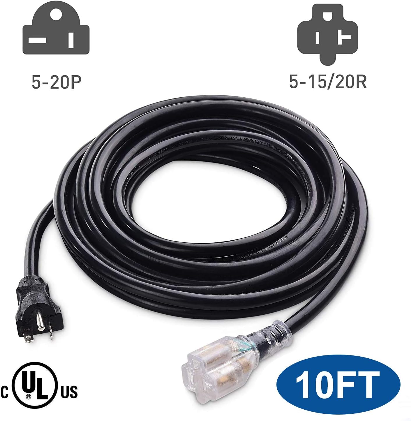 Yodotek 10FT 12 Gauge Heavy Duty NEMA 5-20P/NEMA 5-15/20R Extension Cord - Indoor/Outdoor, 20A 125V