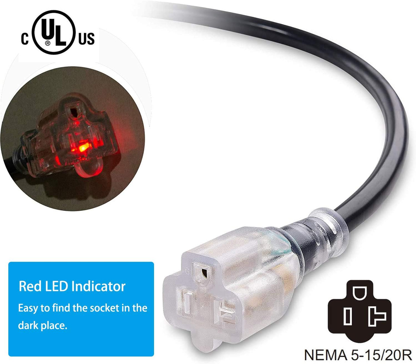 Yodotek 10FT 12 Gauge Heavy Duty NEMA 5-20P/NEMA 5-15/20R Extension Cord - Indoor/Outdoor, 20A 125V