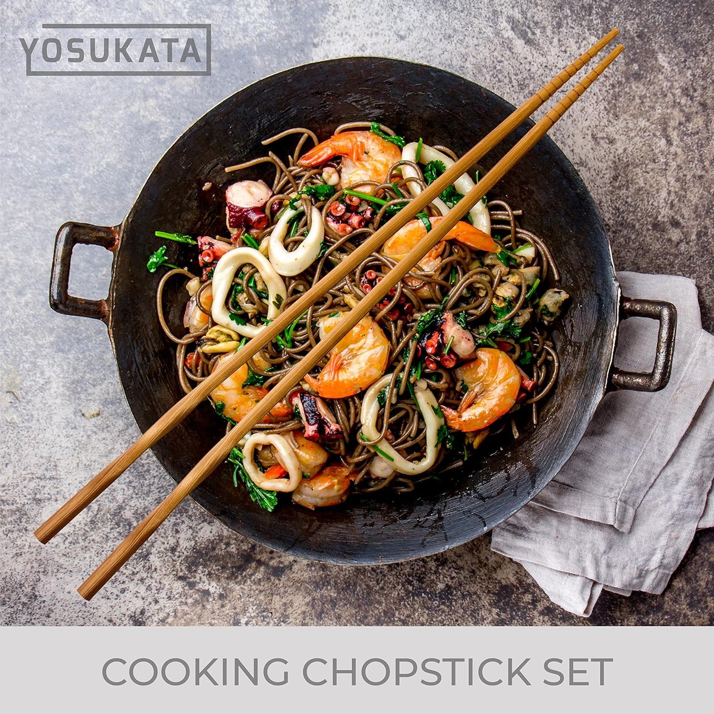 YOSUKATA 13.5" Carbon Steel Wok Pan Set with Flat Bottom, Wooden Chopsticks - Stir Fry Pans for Chinese Cooking