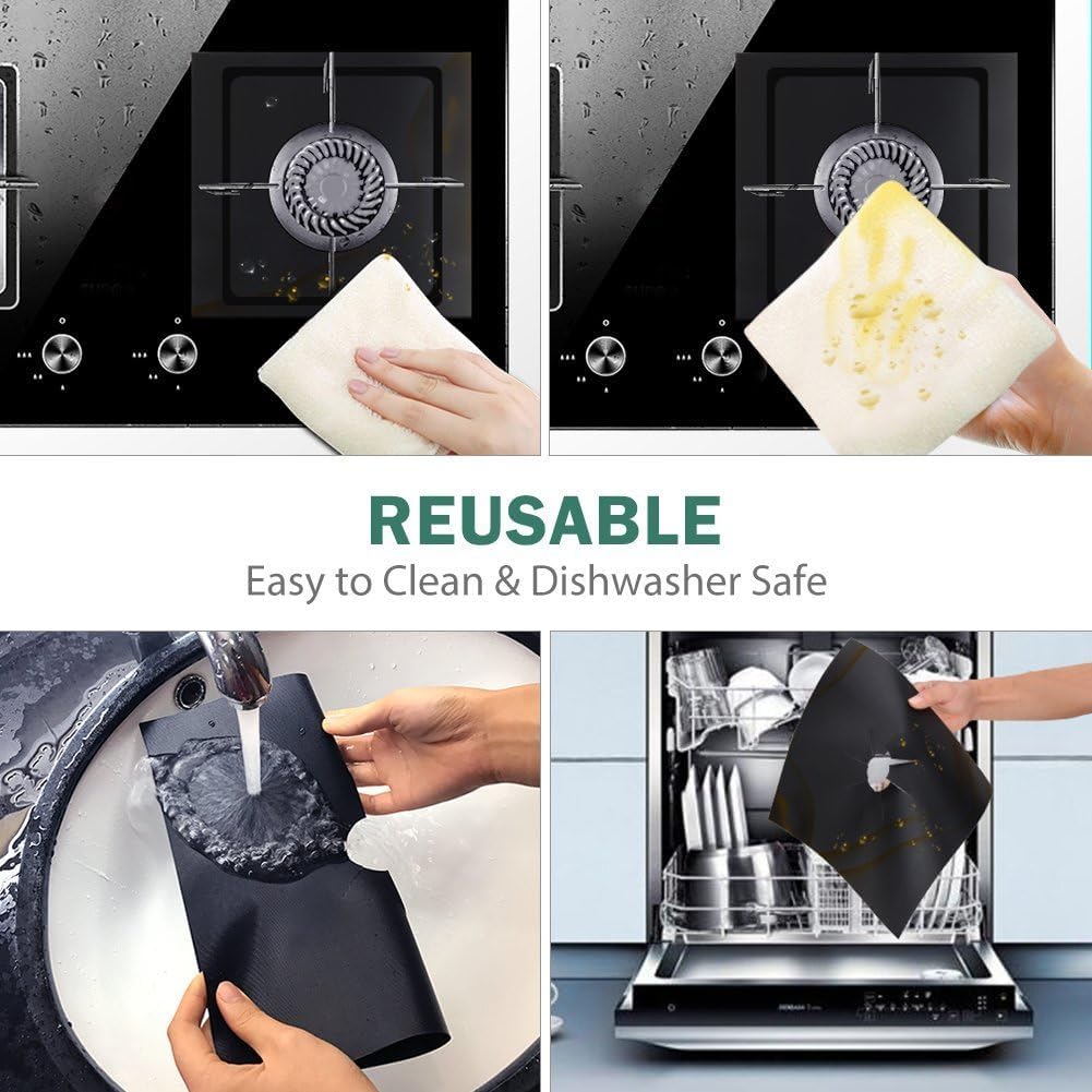 YRYM HT Gas Stove Burner Covers - 10.6" x 10.6" Black Protectors, 0.2mm Double Thickness, Non-Stick, Reusable, Fast Clean Liners for Kitchen/Cooking, BPA Free (8 Packs)