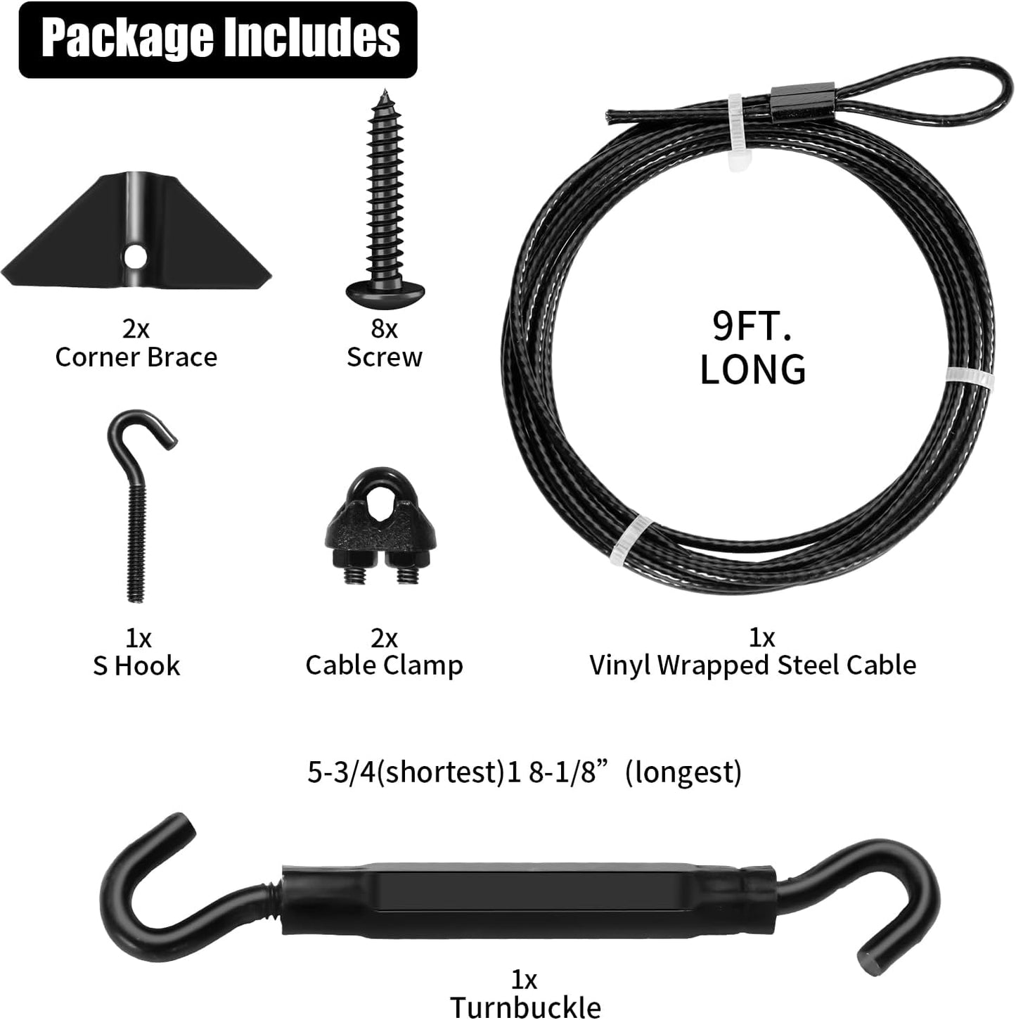 Zinc Black Steel Door Hardware Kit for Preventing Sag in Wooden Fence/Gate - Anti-Sag Support Cable Kit
