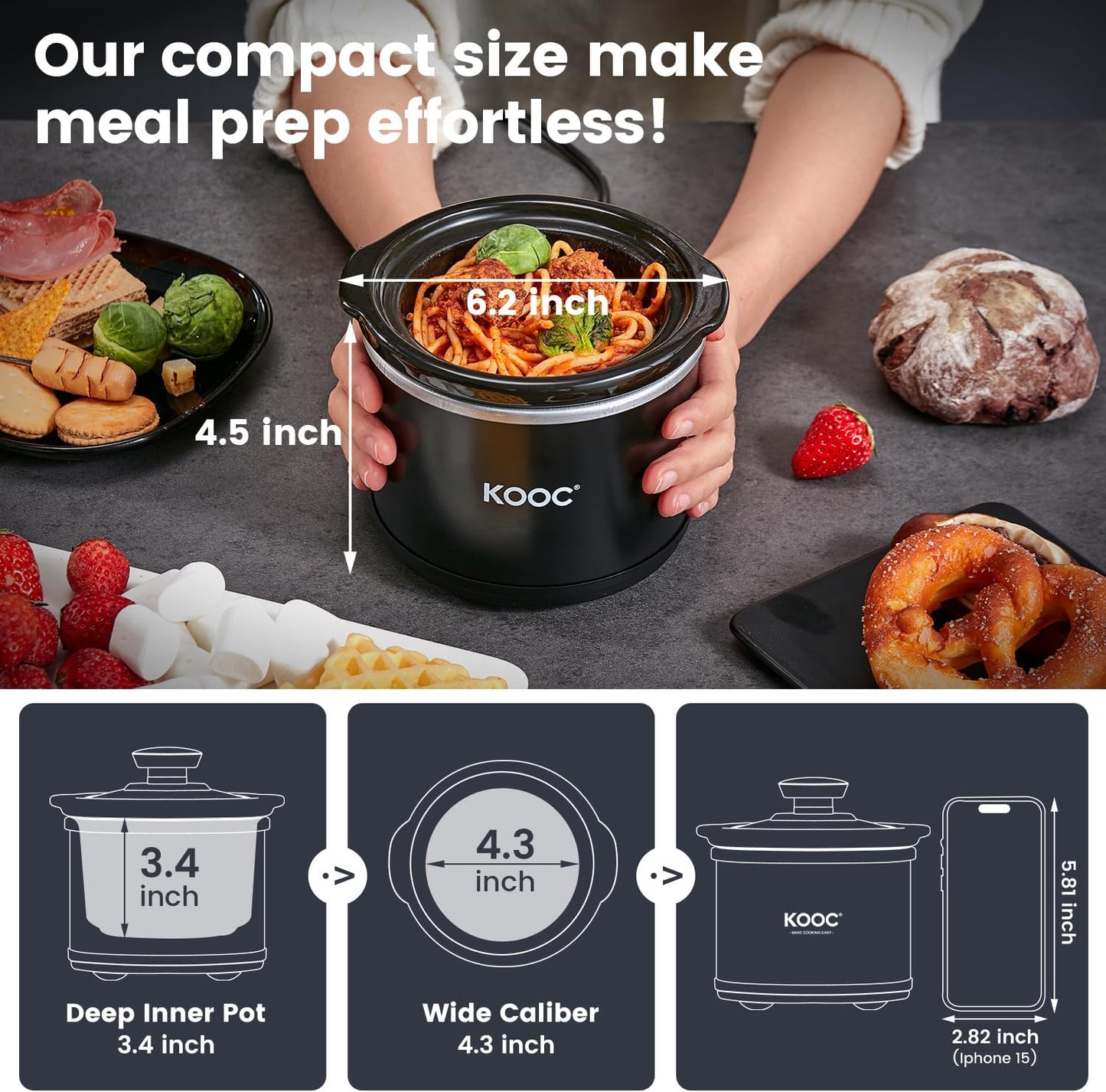 0.65 Quart Small Slow Cooker with Free Liners, Upgraded Ceramic Pot, Stainless Steel, Black