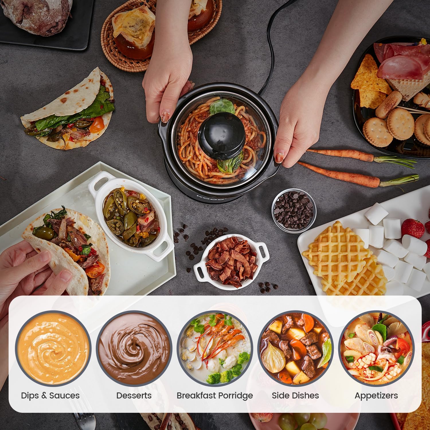 0.65 Quart Small Slow Cooker with Free Liners, Upgraded Ceramic Pot, Stainless Steel, Black