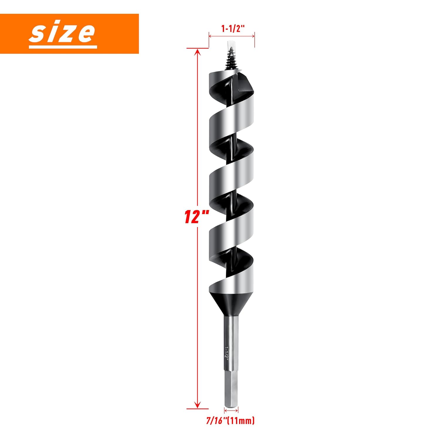 1-1/2 Inch x 12 Inch Long Auger Drill Bit for Wood - Hex Shank Ship Auger Drill Bit for Soft/Hard Wood, Plastic, Drywall