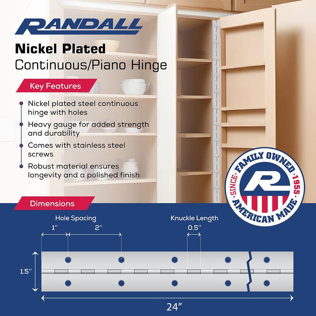 1 1/2" Nickel Plated Continuous Hinge (Piano Hinge) - Available in 2 FT, 3 FT, 4 FT, 6 FT, and 7 FT Lengths by Randall Manufacturing Co., Inc