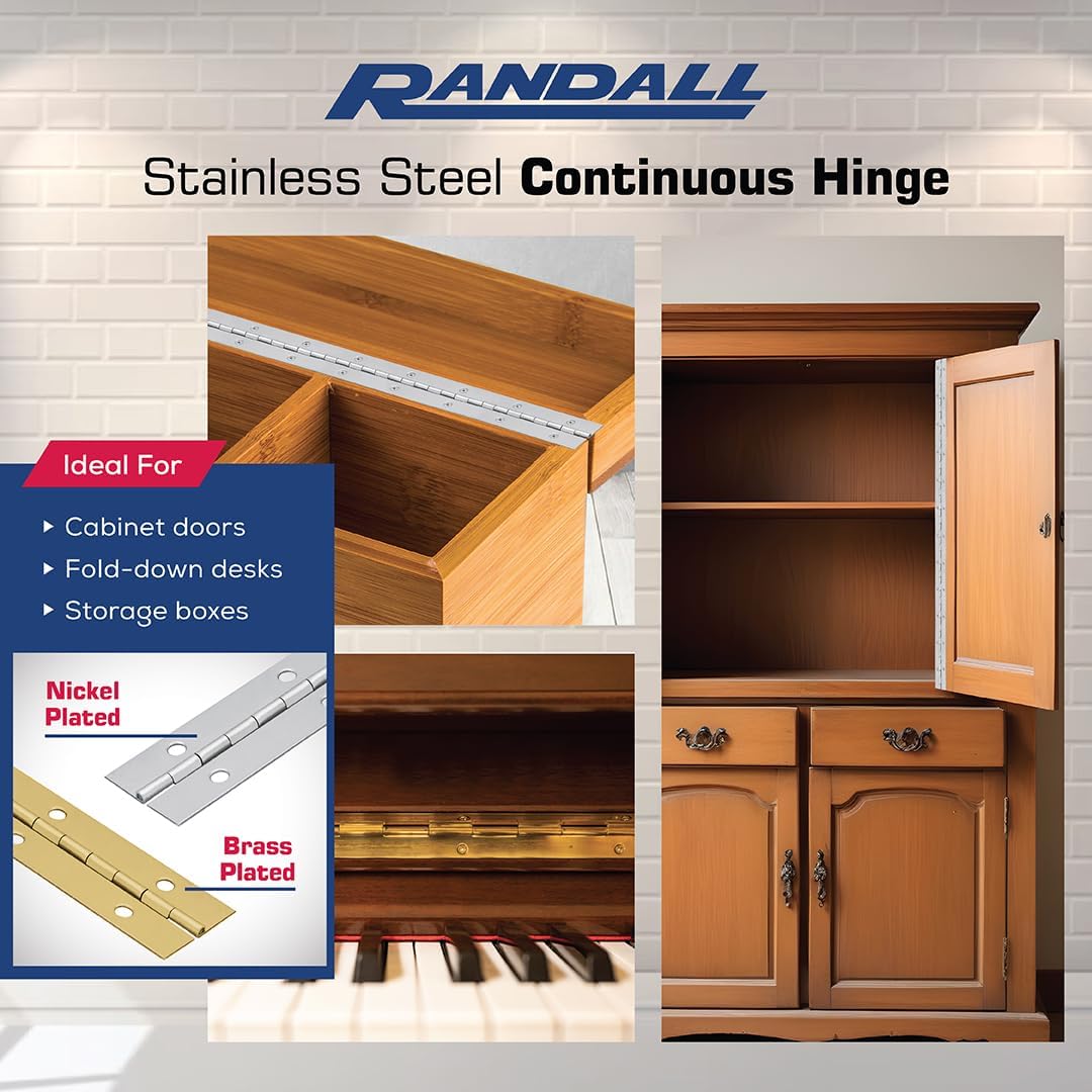 1 1/2" Nickel Plated Continuous Hinge (Piano Hinge) - Available in 2 FT, 3 FT, 4 FT, 6 FT, and 7 FT Lengths by Randall Manufacturing Co., Inc
