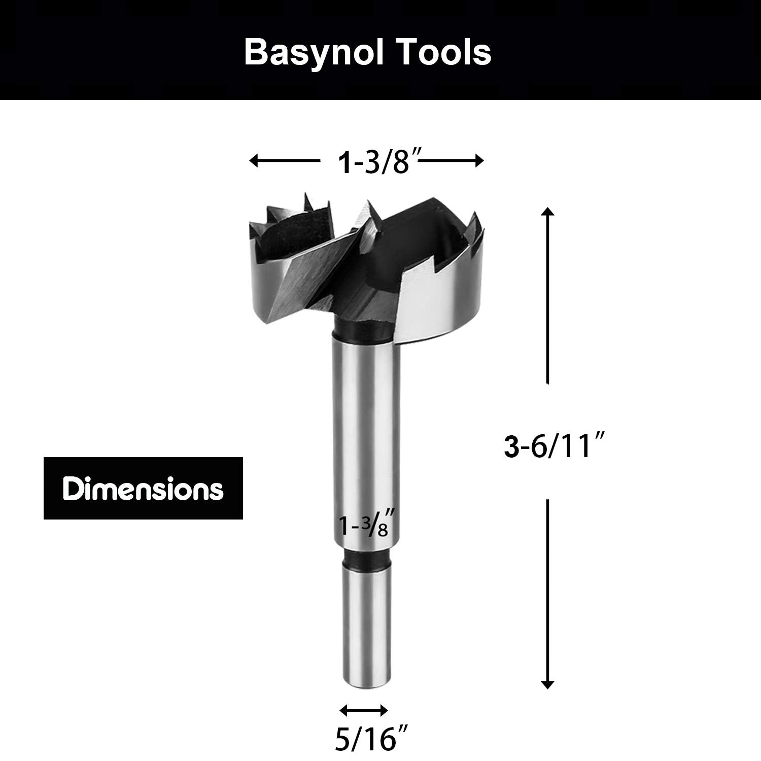 1-3/8 Inch BASYNOL Forstner Drill Bit for Wood - Round Shank Woodworking Tool