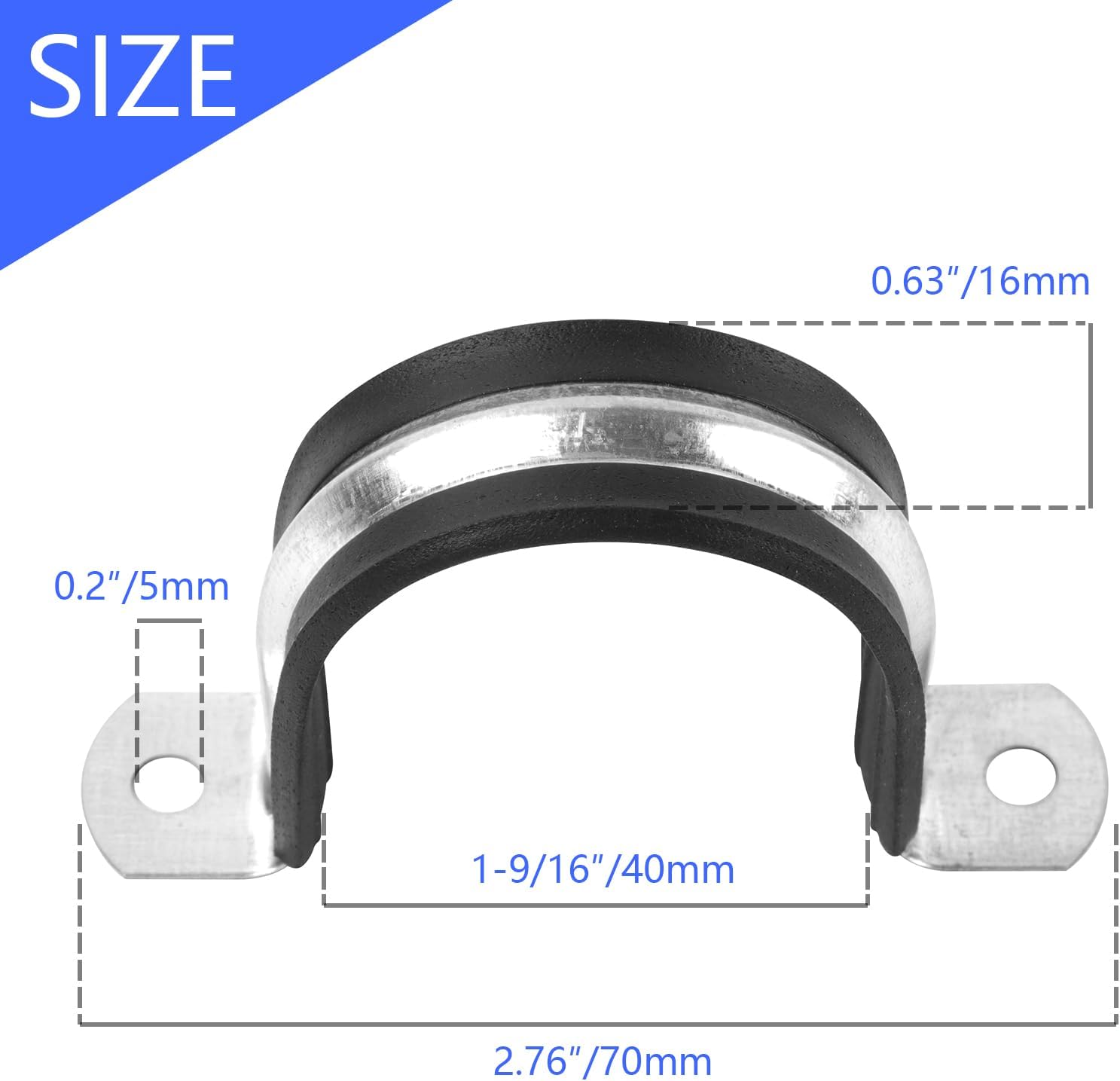 1-9/16 Inch Pipe Strap with Rubber Cushioned Clamp Hanger - 10 Pack (40 mm)