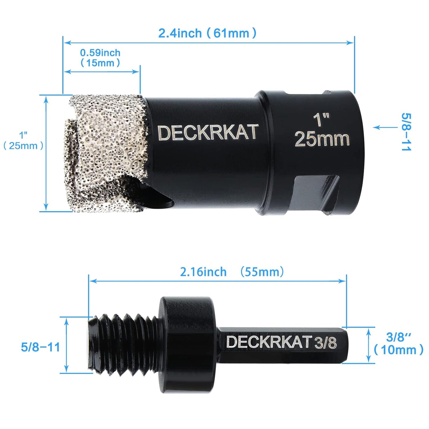 1" DECKRKAT Dry Diamond Core Drill Bits with Slots & 25mm Diamond Hole Saws - Fits Angle Grinders & Electric Drills - Porcelain, Granite, Tiles, Brick, Concrete - 5/8-11 Thread to 3/8” Hex Shank Adapter