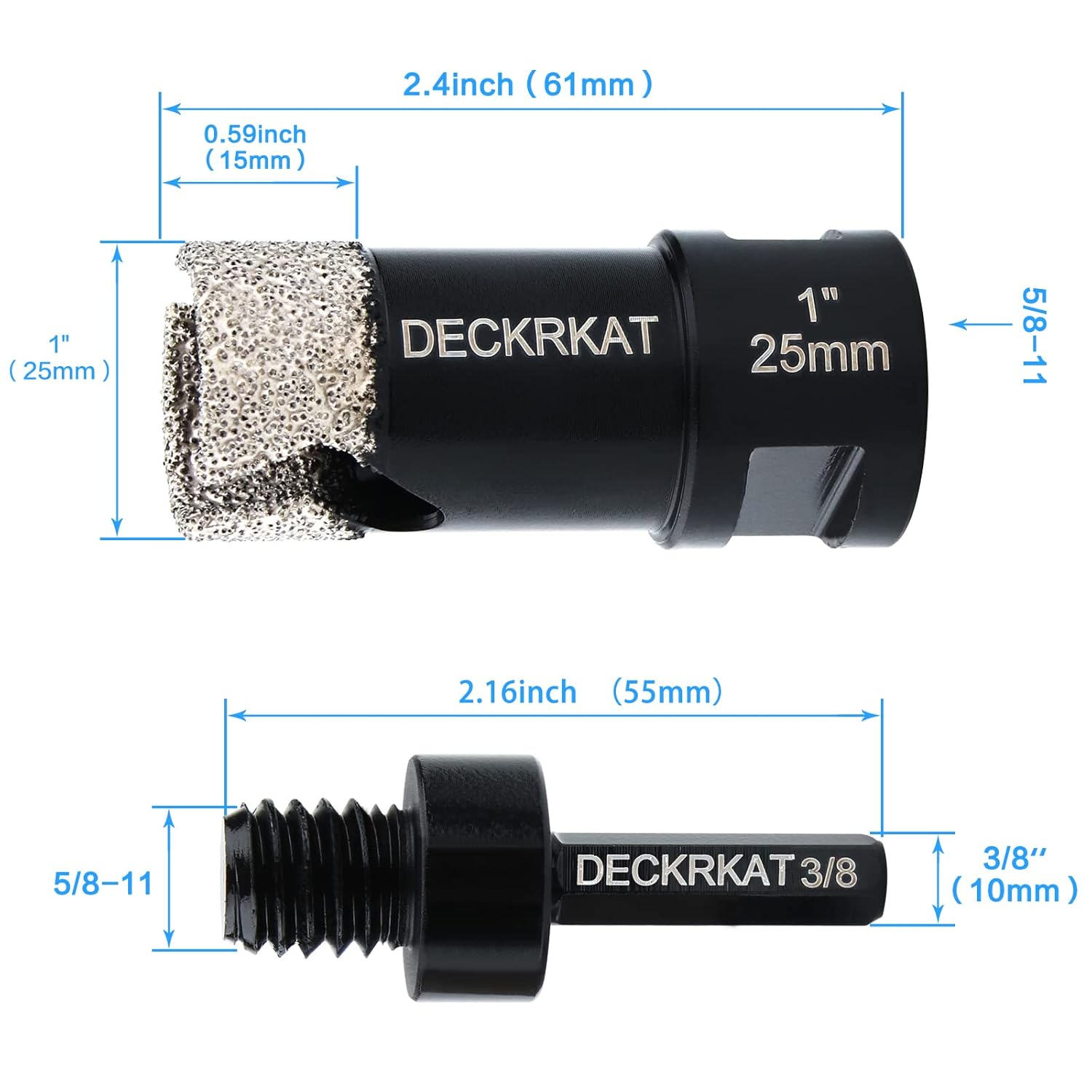 1" DECKRKAT Dry Diamond Core Drill Bits with Slots & 25mm Diamond Hole Saws - Fits Angle Grinders & Electric Drills - Porcelain, Granite, Tiles, Brick, Concrete - 5/8-11 Thread to 3/8” Hex Shank Adapter