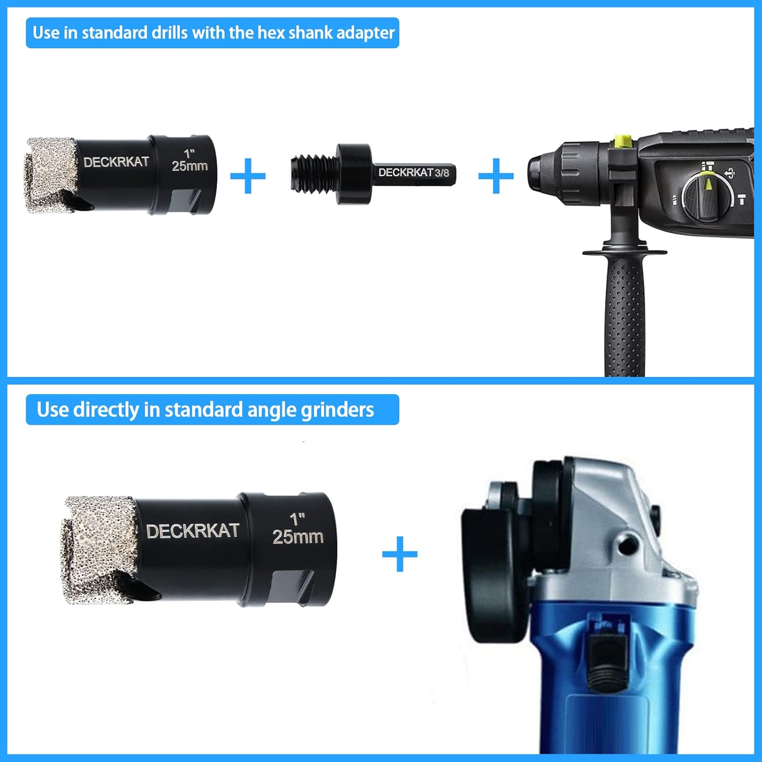 1" DECKRKAT Dry Diamond Core Drill Bits with Slots & 25mm Diamond Hole Saws - Fits Angle Grinders & Electric Drills - Porcelain, Granite, Tiles, Brick, Concrete - 5/8-11 Thread to 3/8” Hex Shank Adapter