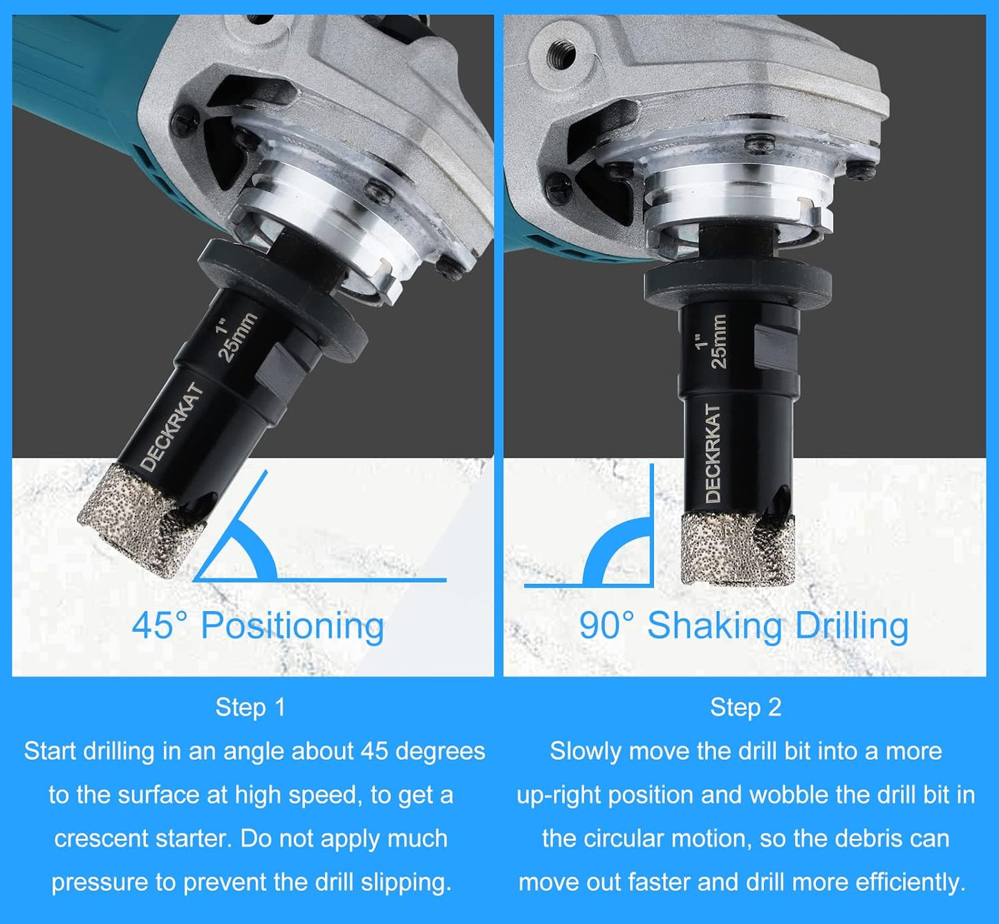 1" DECKRKAT Dry Diamond Core Drill Bits with Slots & 25mm Diamond Hole Saws - Fits Angle Grinders & Electric Drills - Porcelain, Granite, Tiles, Brick, Concrete - 5/8-11 Thread to 3/8” Hex Shank Adapter