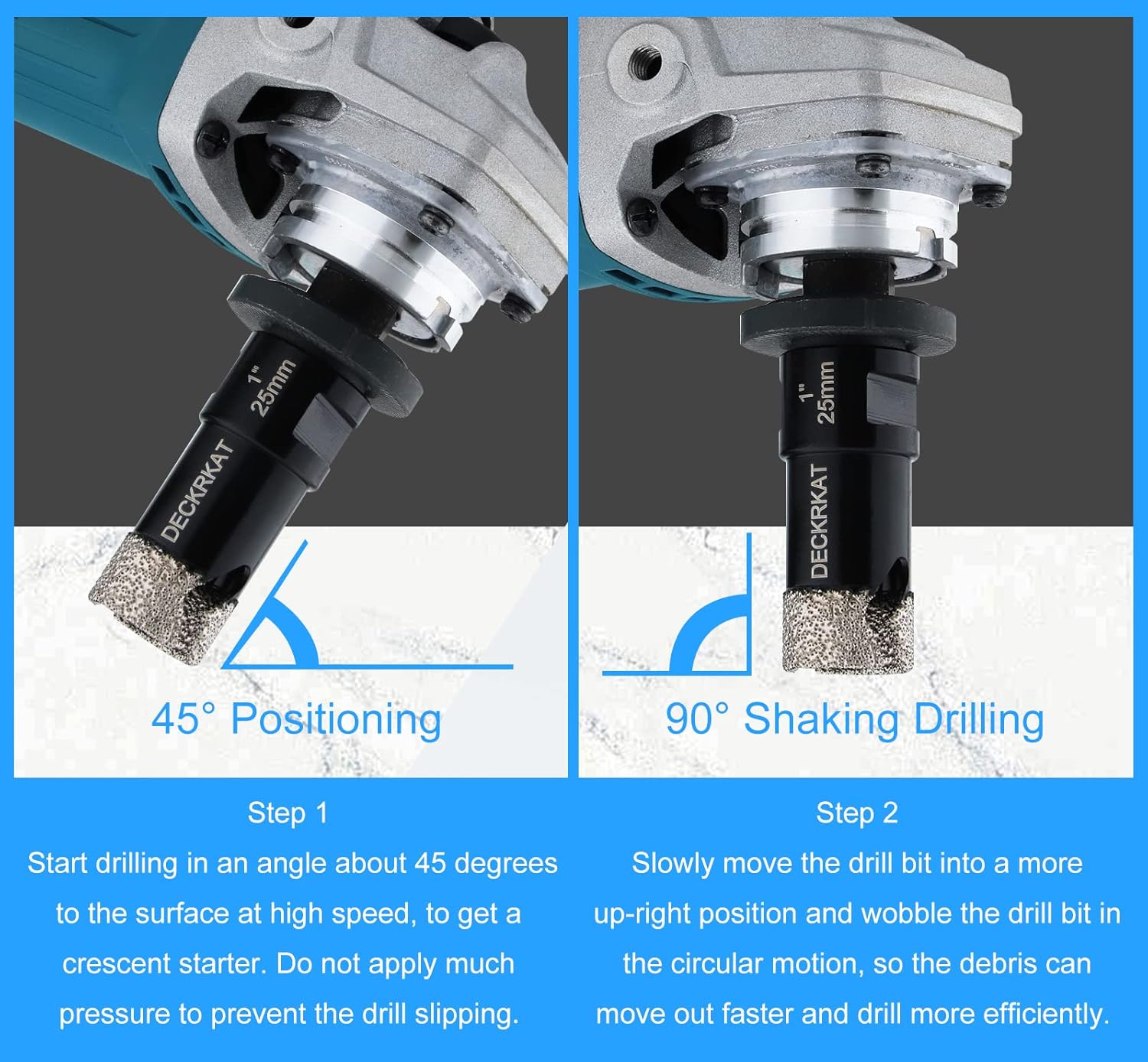 1" DECKRKAT Dry Diamond Core Drill Bits with Slots & 25mm Diamond Hole Saws - Fits Angle Grinders & Electric Drills - Porcelain, Granite, Tiles, Brick, Concrete - 5/8-11 Thread to 3/8” Hex Shank Adapter