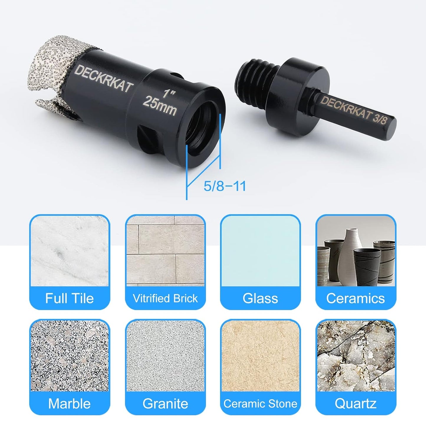 1" DECKRKAT Dry Diamond Core Drill Bits with Slots & 25mm Diamond Hole Saws - Fits Angle Grinders & Electric Drills - Porcelain, Granite, Tiles, Brick, Concrete - 5/8-11 Thread to 3/8” Hex Shank Adapter