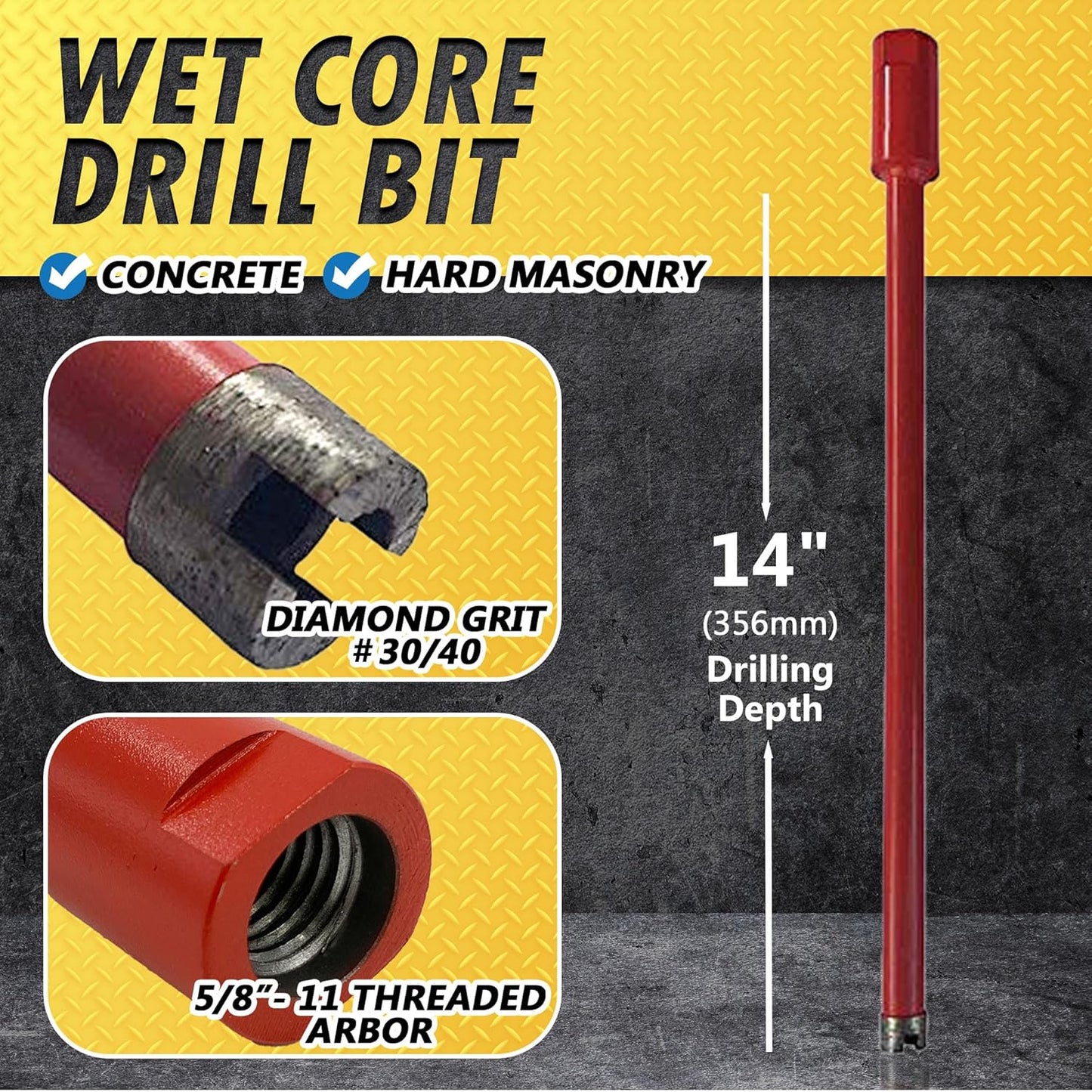 1" Diamond Wet Core Drill Bit for Concrete & Hard Masonry - 14" Depth, 5/8"-11 Arbor - Wet Use Only