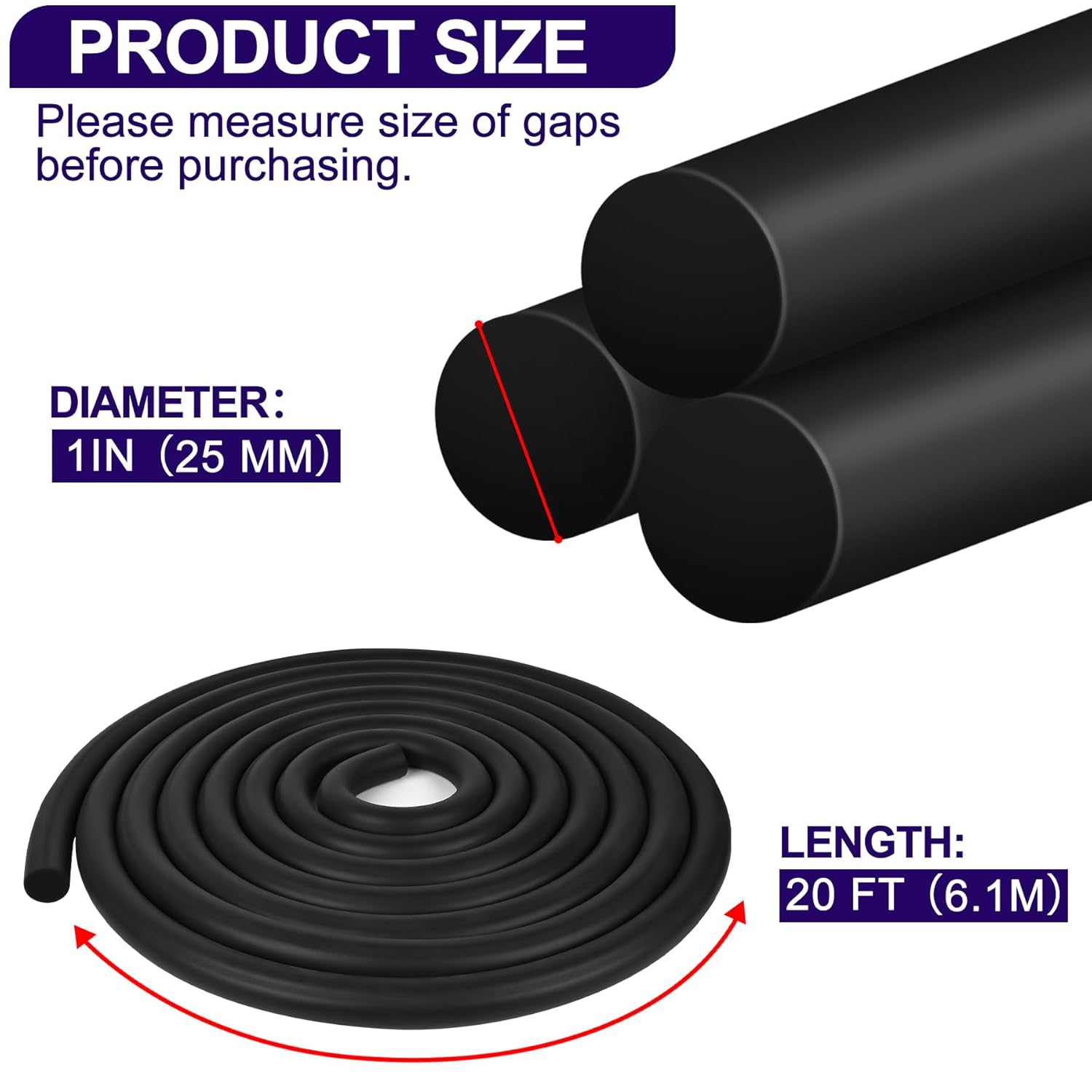 1" EPDM Rubber Backer Rod - 20' Caulk Saver for Concrete Joints & Gaps - Door/Window Weather Stripping Seal - Black