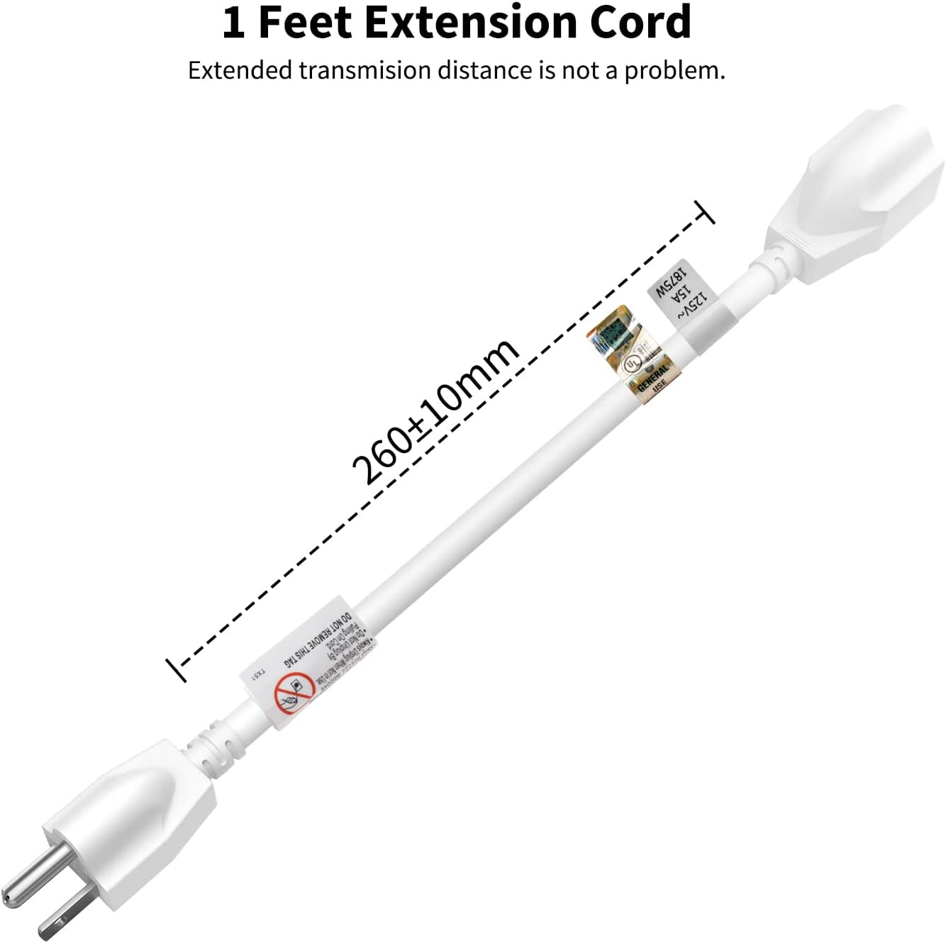 1 Foot 14 Gauge White Short Extension Cord - FIRMERST 1875W Power Cable