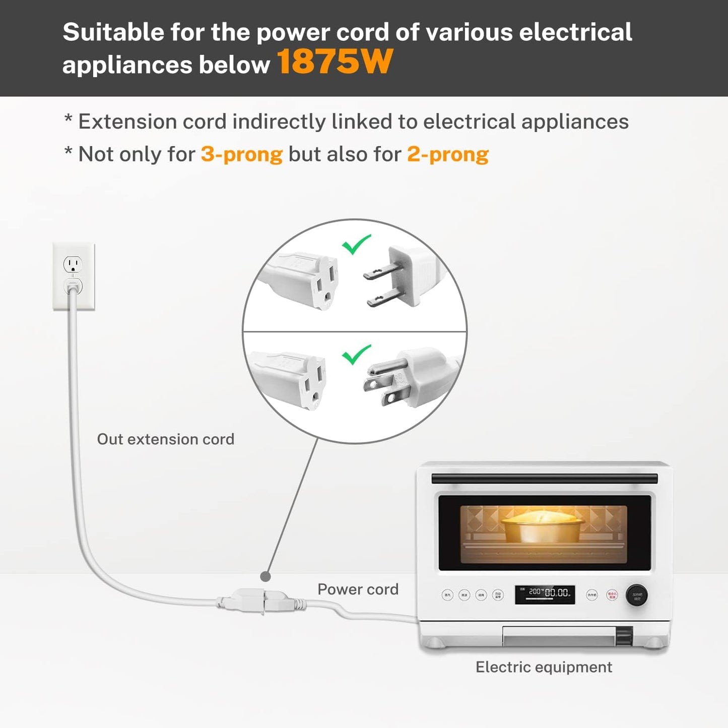 1 Foot 14 Gauge White Short Extension Cord - FIRMERST 1875W Power Cable