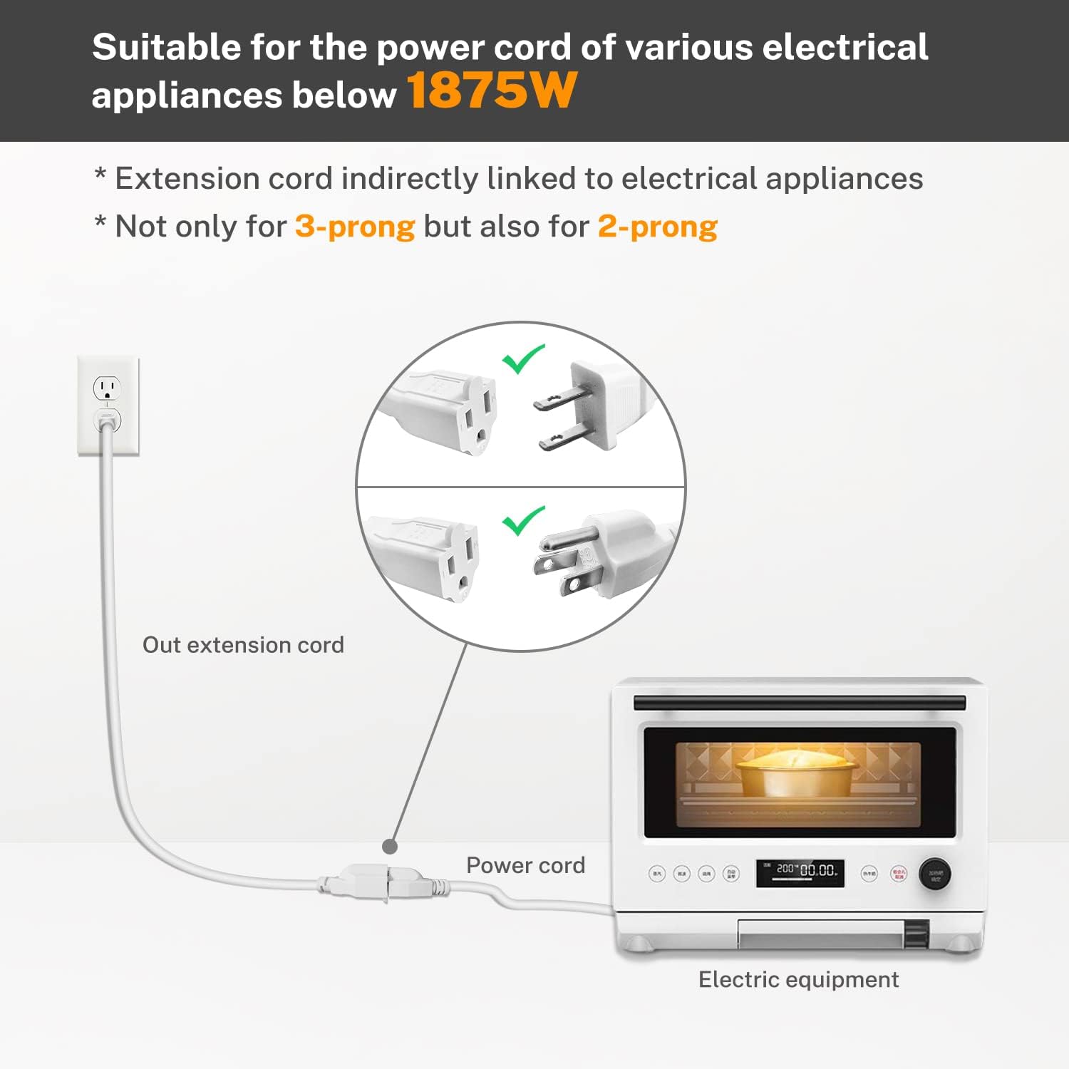 1 Foot 14 Gauge White Short Extension Cord - FIRMERST 1875W Power Cable