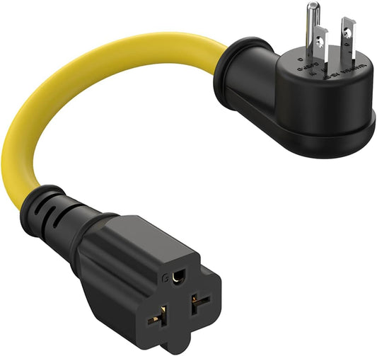 1-ft 12AWG Right-Angle 15A Household AC Plug to 20A Adapter Cable, Nema 5-15P to 5-20R 6-15R/20R T-Blade 20A to 15A 90-Degree Plug Adapter Cord, 125V 15A to 250V 20A Extension Cable