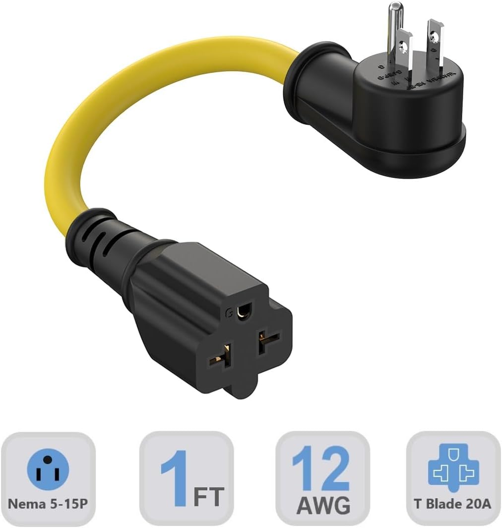 1-ft 12AWG Right-Angle 15A Household AC Plug to 20A Adapter Cable, Nema 5-15P to 5-20R 6-15R/20R T-Blade 20A to 15A 90-Degree Plug Adapter Cord, 125V 15A to 250V 20A Extension Cable